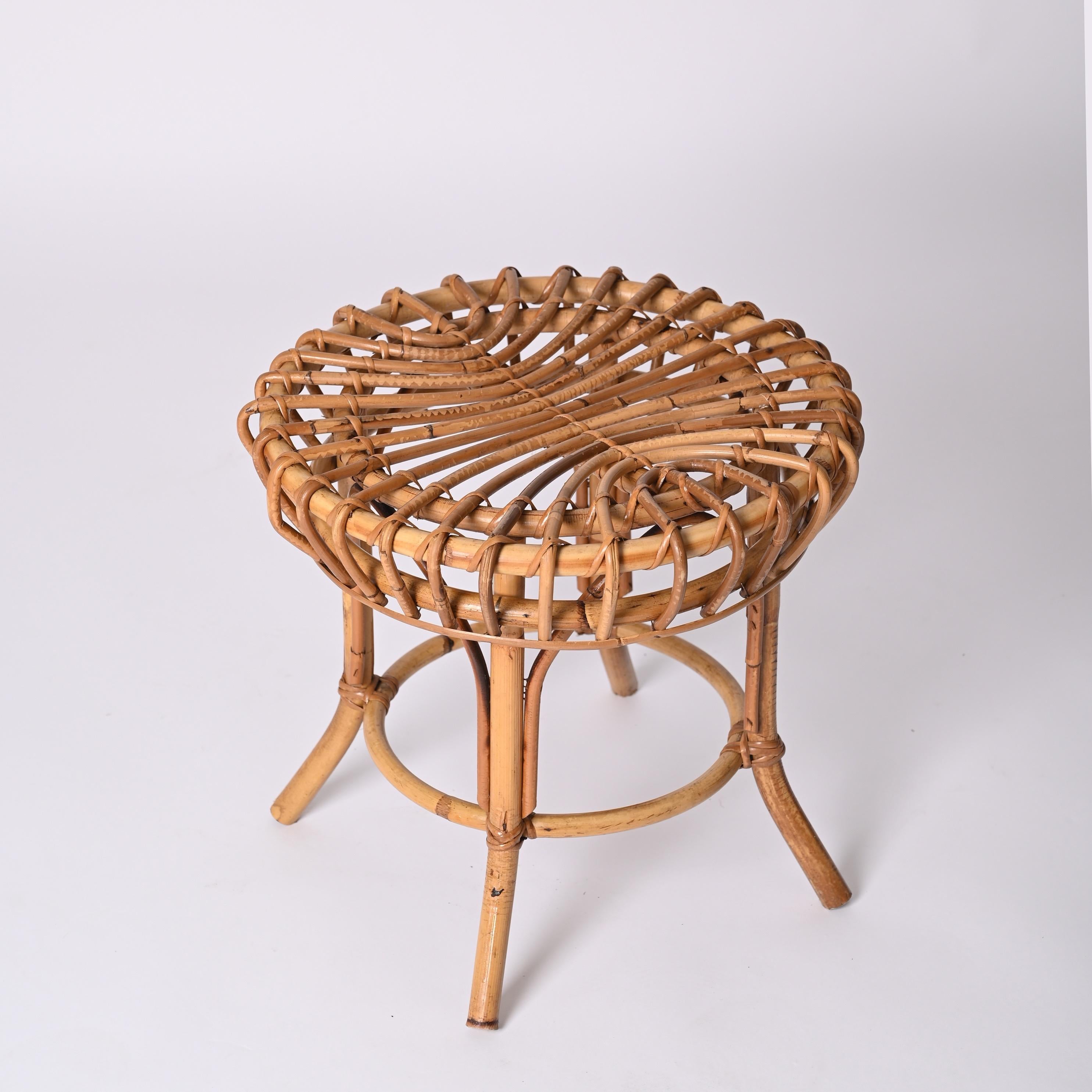 Franco Albini Midcentury Rattan and Bamboo Round Ottoman Stool, Italy 1960s For Sale 3