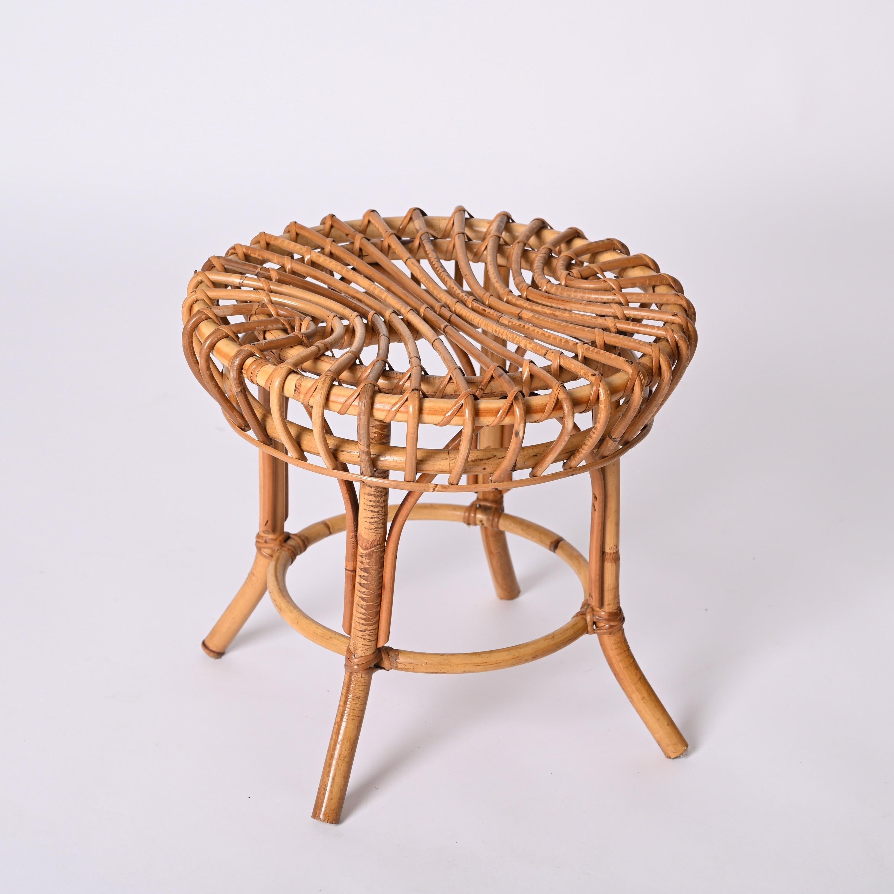 Franco Albini Midcentury Rattan and Bamboo Round Ottoman Stool, Italy 1960s For Sale 5