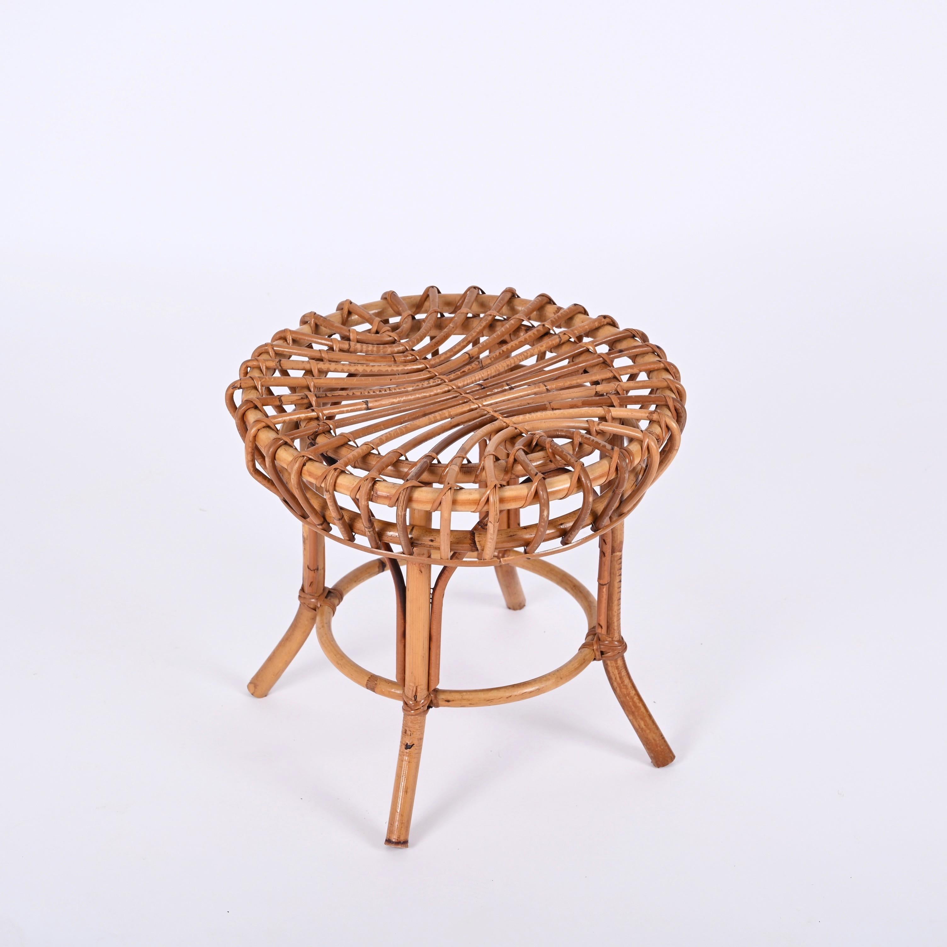 Mid-Century Modern Franco Albini Midcentury Rattan and Bamboo Round Ottoman Stool, Italy 1960s For Sale