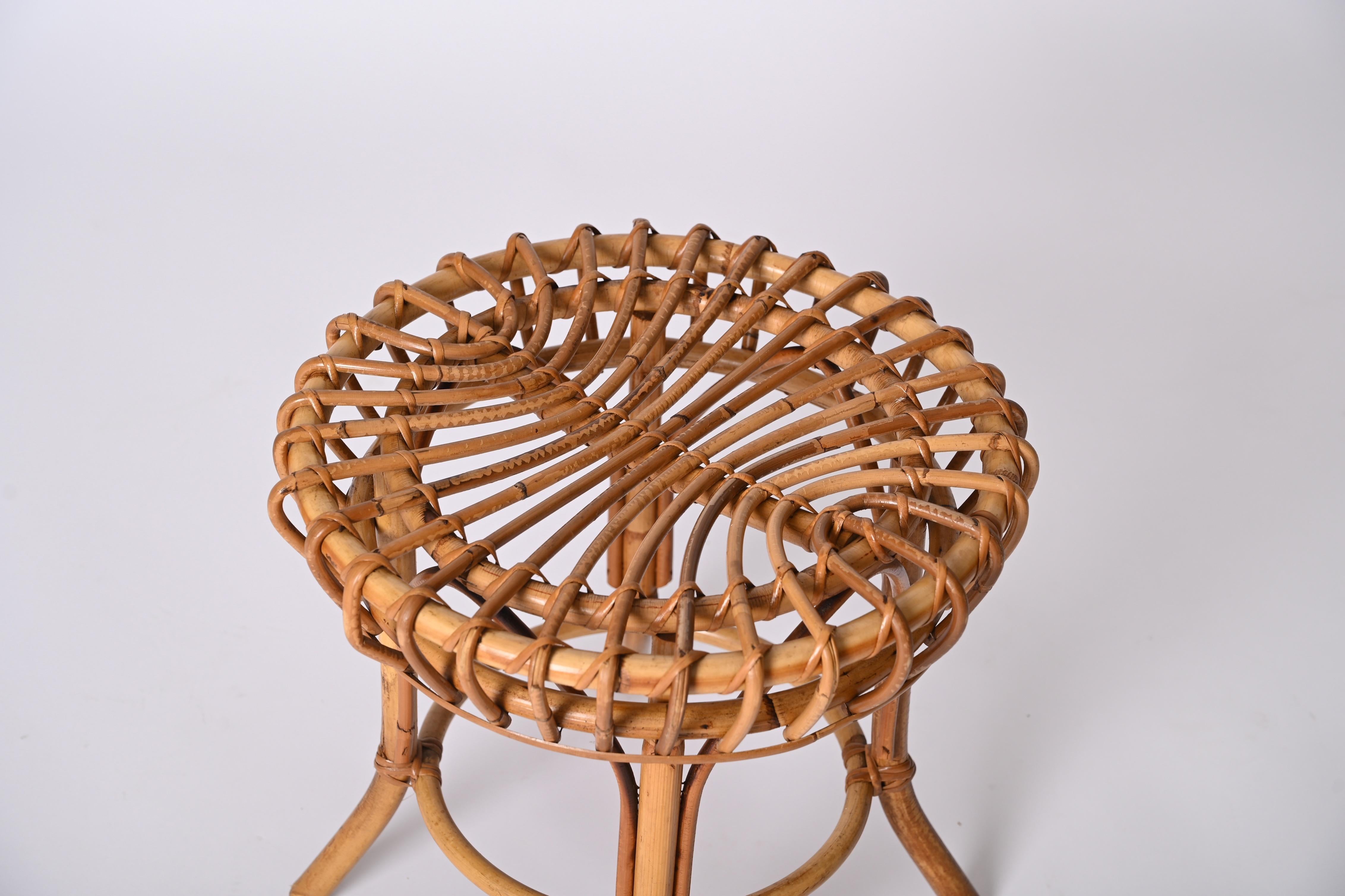 20th Century Franco Albini Midcentury Rattan and Bamboo Round Ottoman Stool, Italy 1960s For Sale