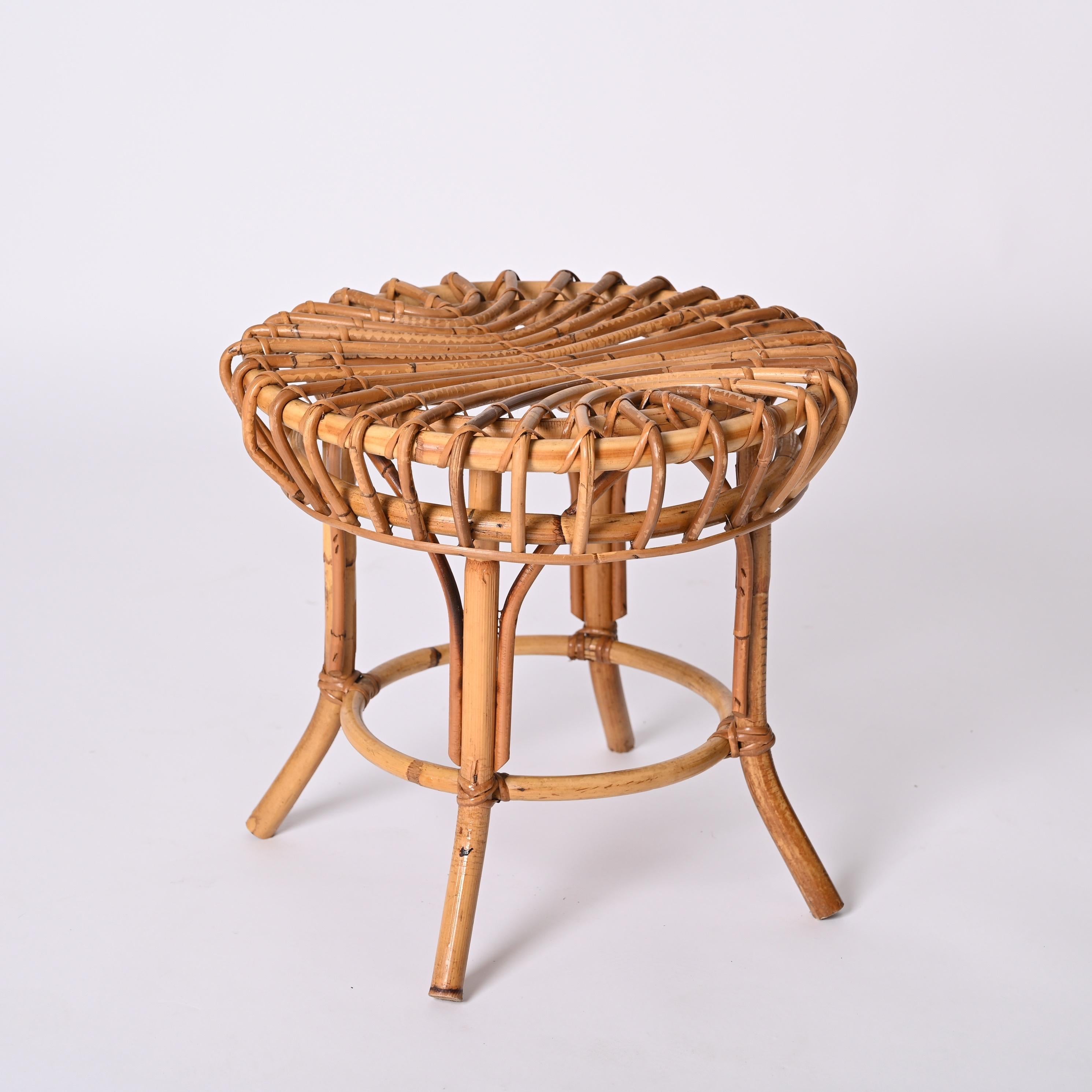 Franco Albini Midcentury Rattan and Bamboo Round Ottoman Stool, Italy 1960s For Sale 1