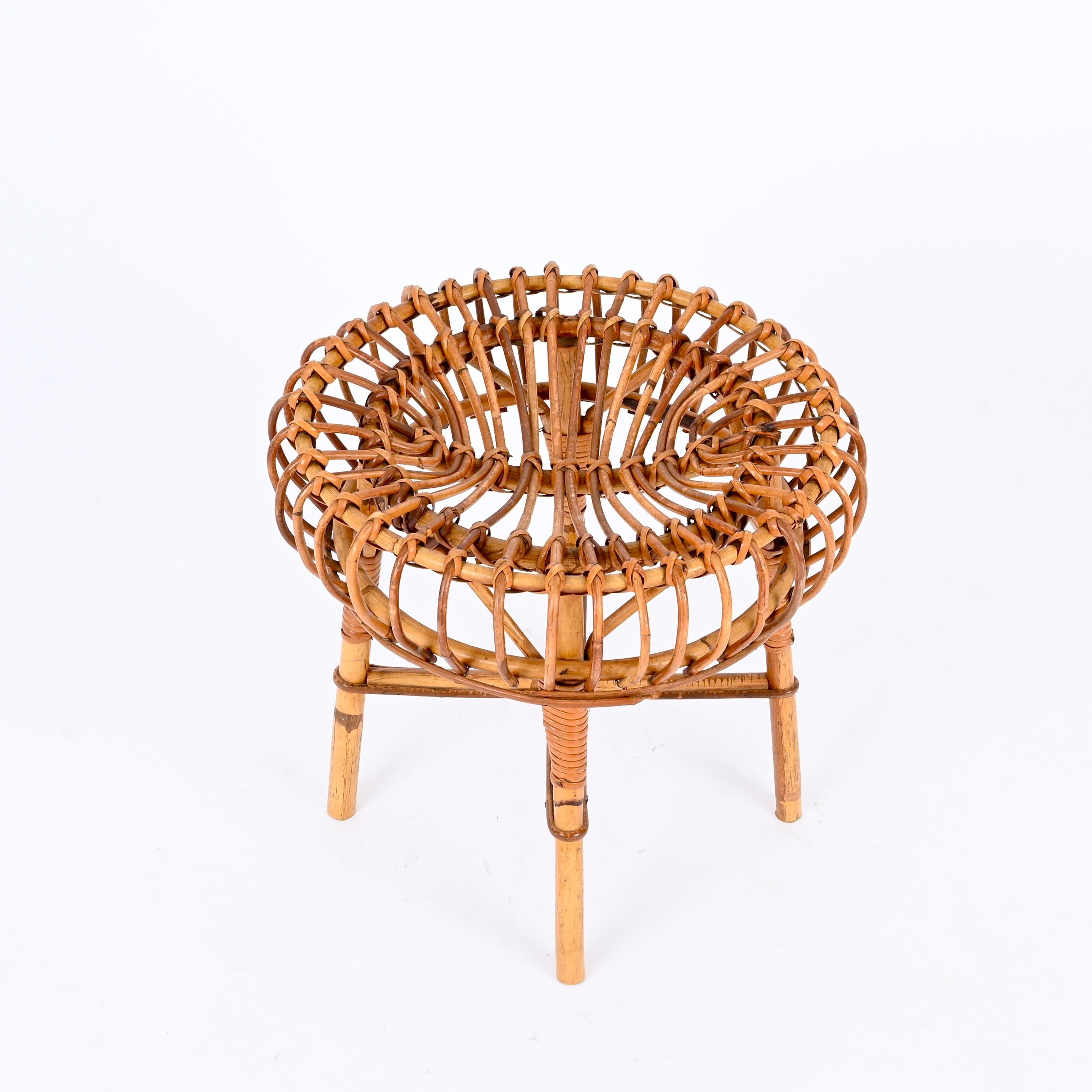 Sgabello Pouf rotondo in vimini e rattan Franco Albini, Italia, 1960 in vendita 1