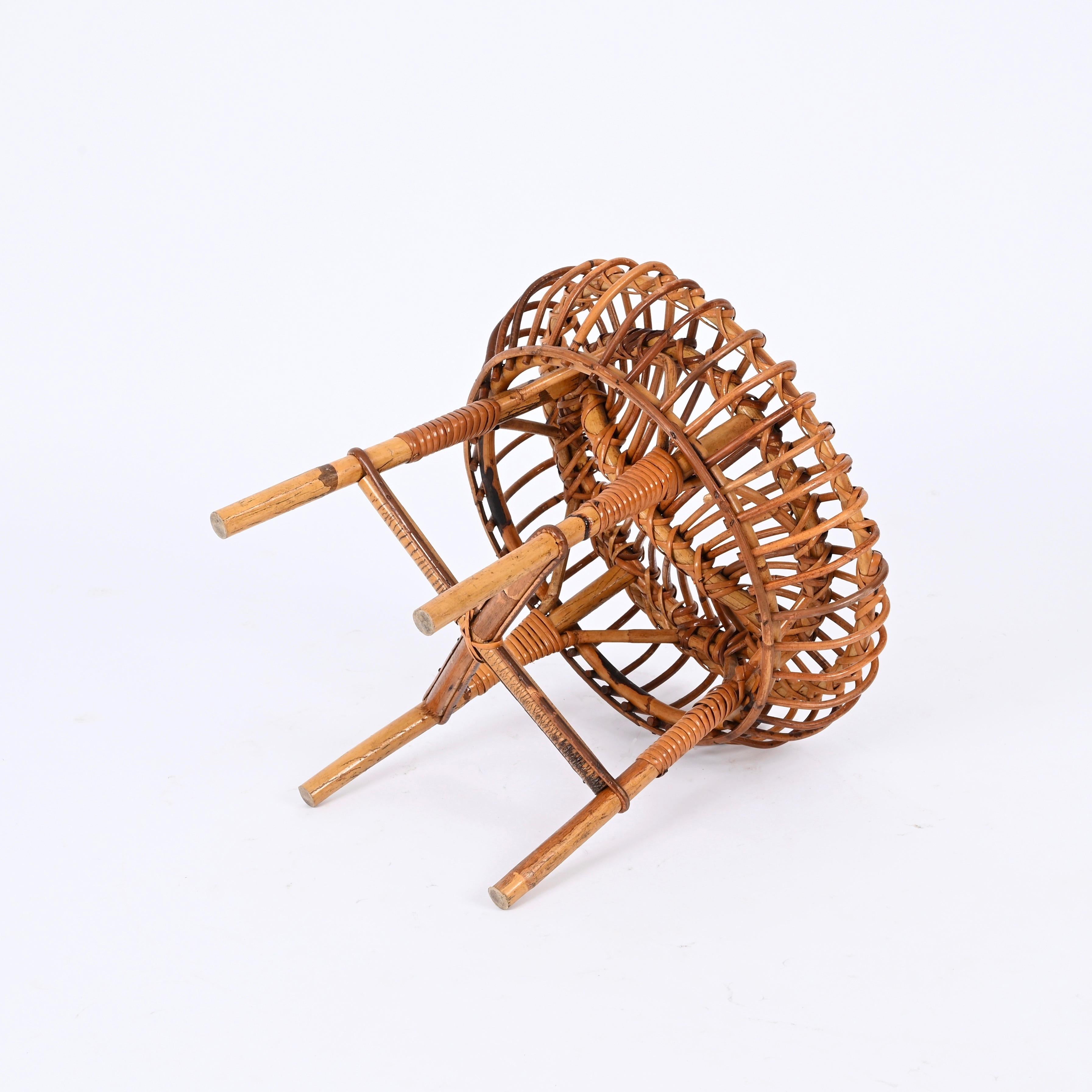 Bambù Sgabello Pouf rotondo in vimini e rattan Franco Albini, Italia, 1960 in vendita