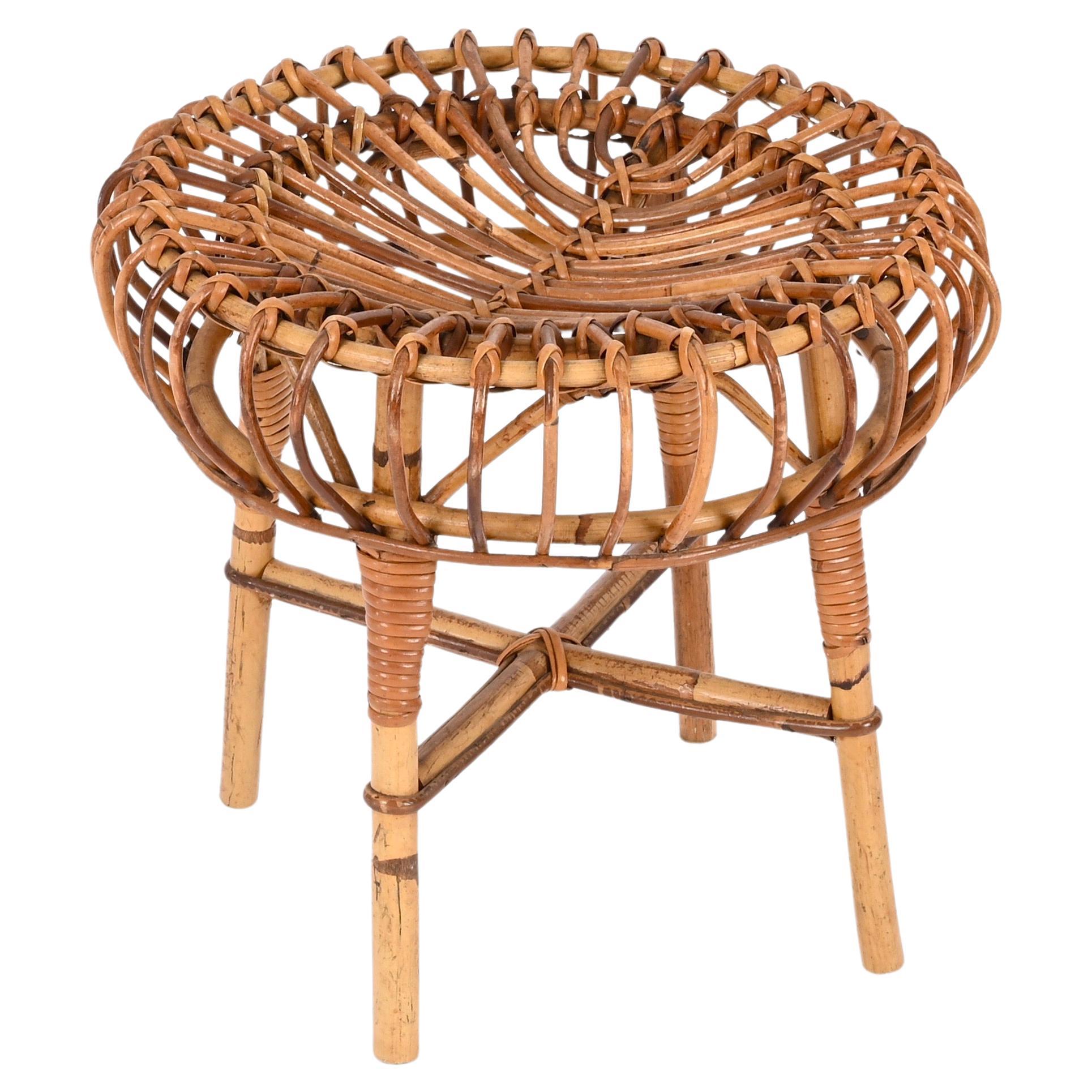 Franco Albini Midcentury Rattan and Wicker Round Pouf Stool, Italy 1960s