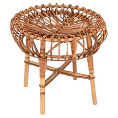 Vintage Franco Albini Midcentury Rattan and Wicker Round Pouf Stool, Italy 1960s