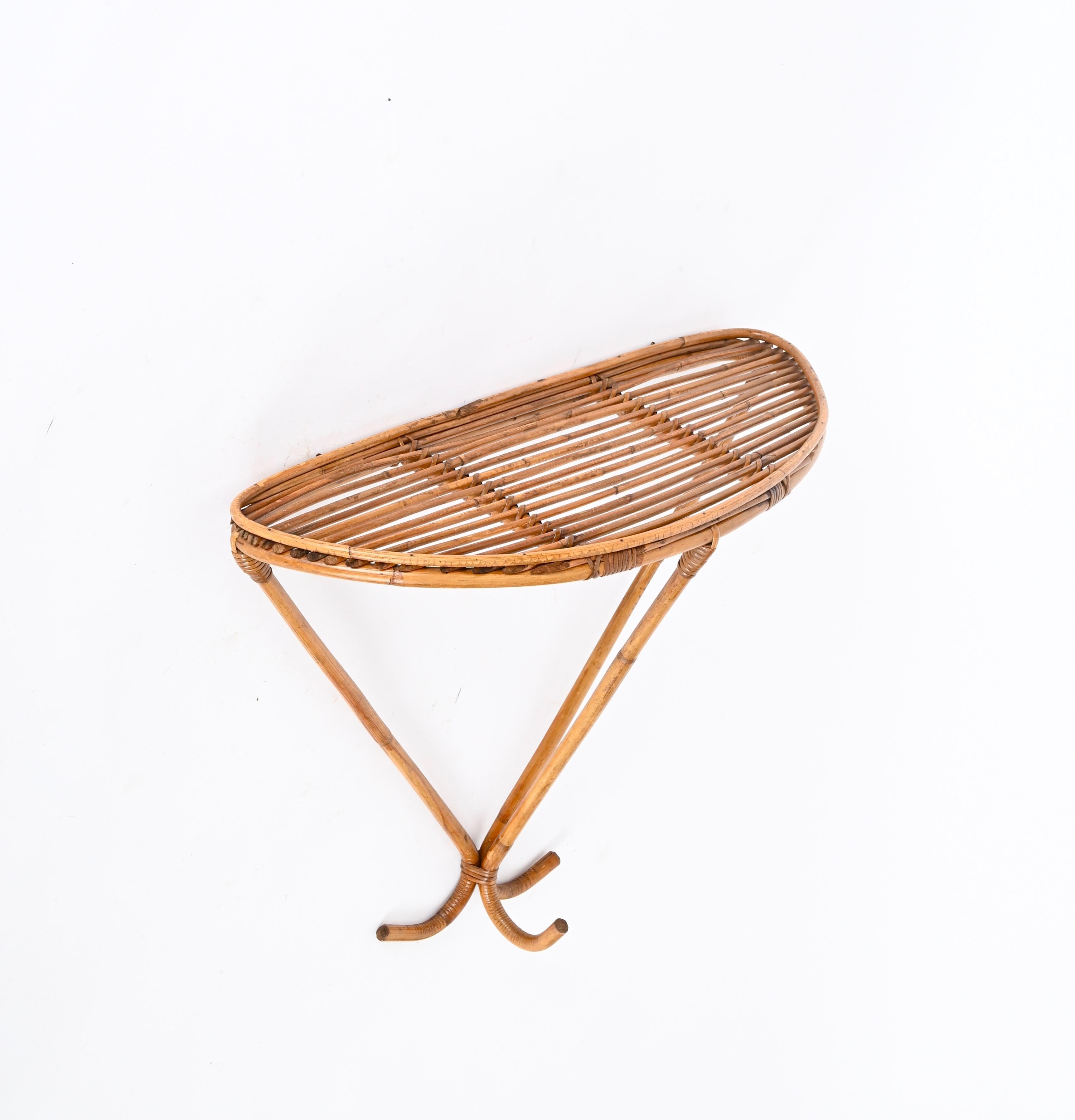 Italian Franco Albini Midcentury Wall Shelf or Console in Rattan and Bamboo, Italy, 1960