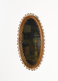Franco Albini Oval Curved Rattan and Bamboo Mirror, Italy 1960s