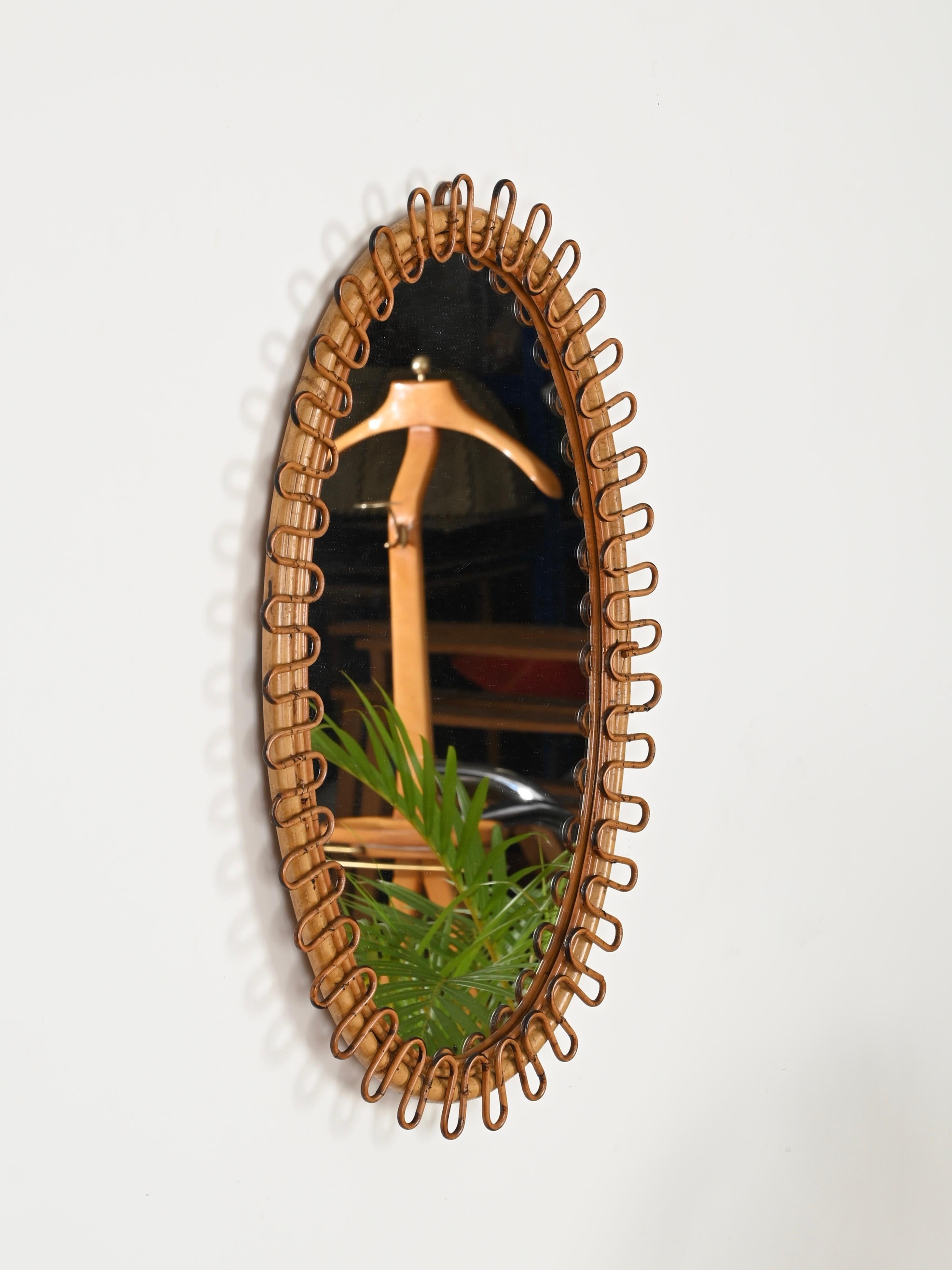 Mid-Century Modern Franco Albini Oval Curved Rattan and Bamboo Mirror, Italy 1960s