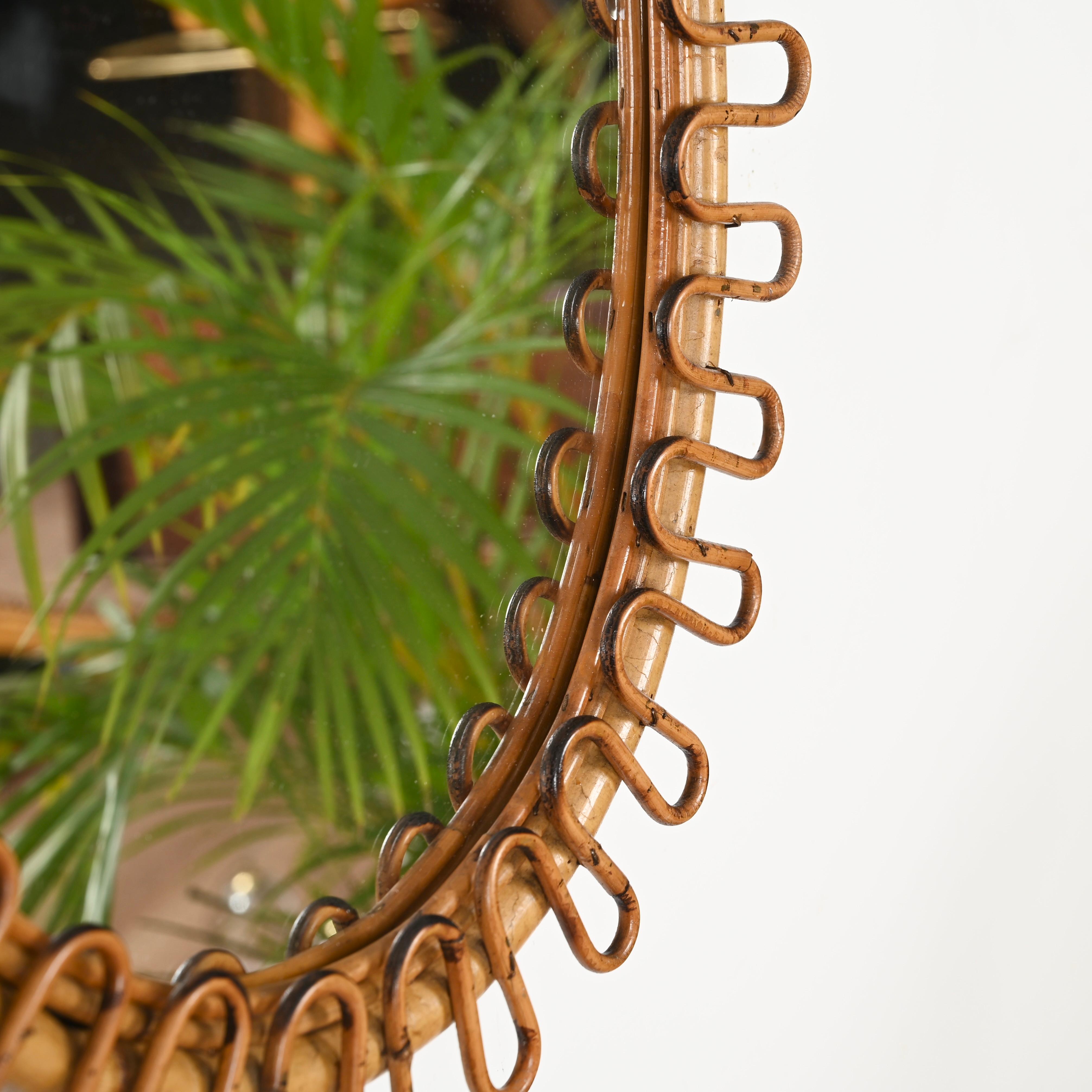 Italian Franco Albini Oval Curved Rattan and Bamboo Mirror, Italy 1960s
