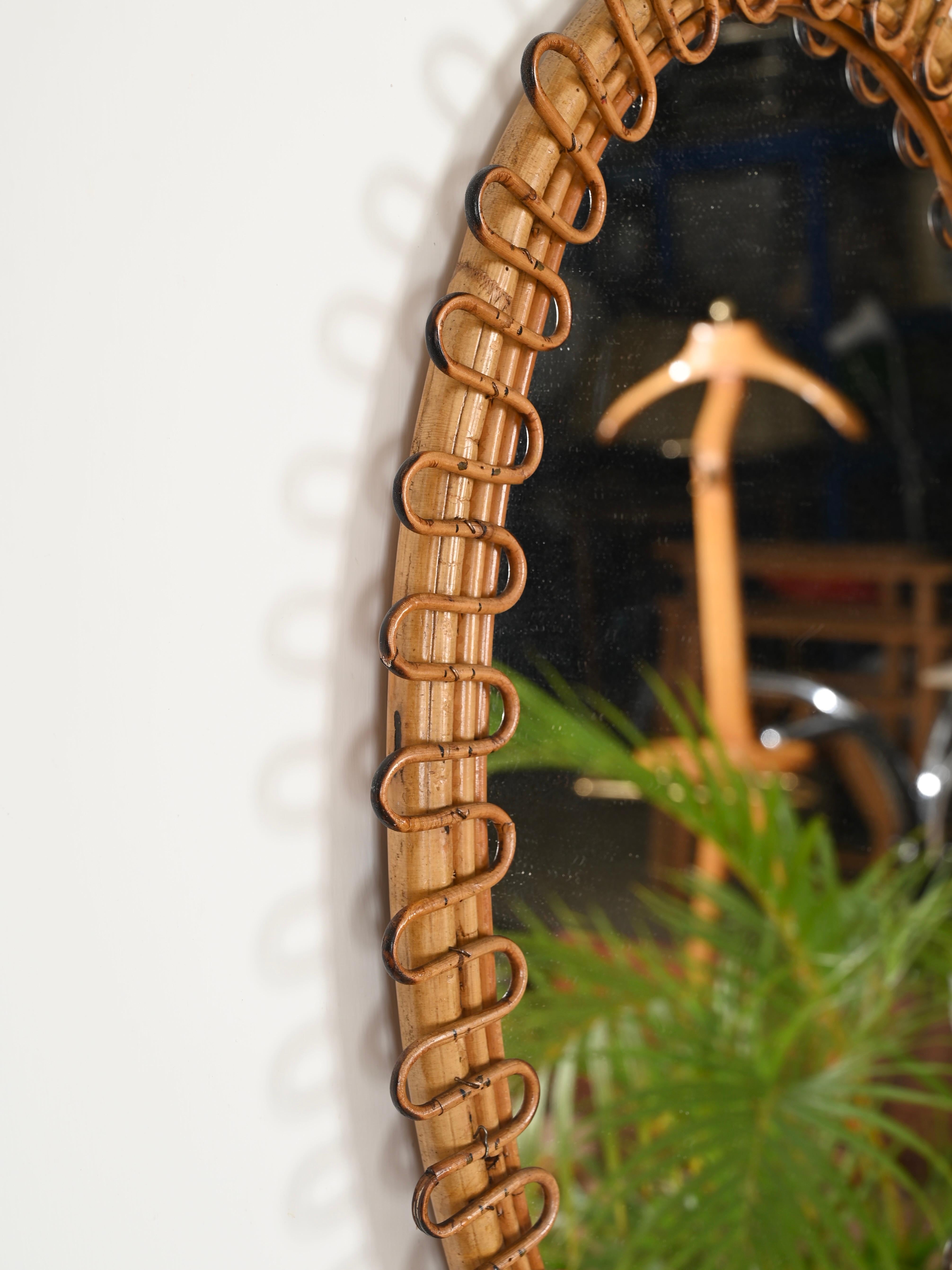 Hand-Crafted Franco Albini Oval Curved Rattan and Bamboo Mirror, Italy 1960s