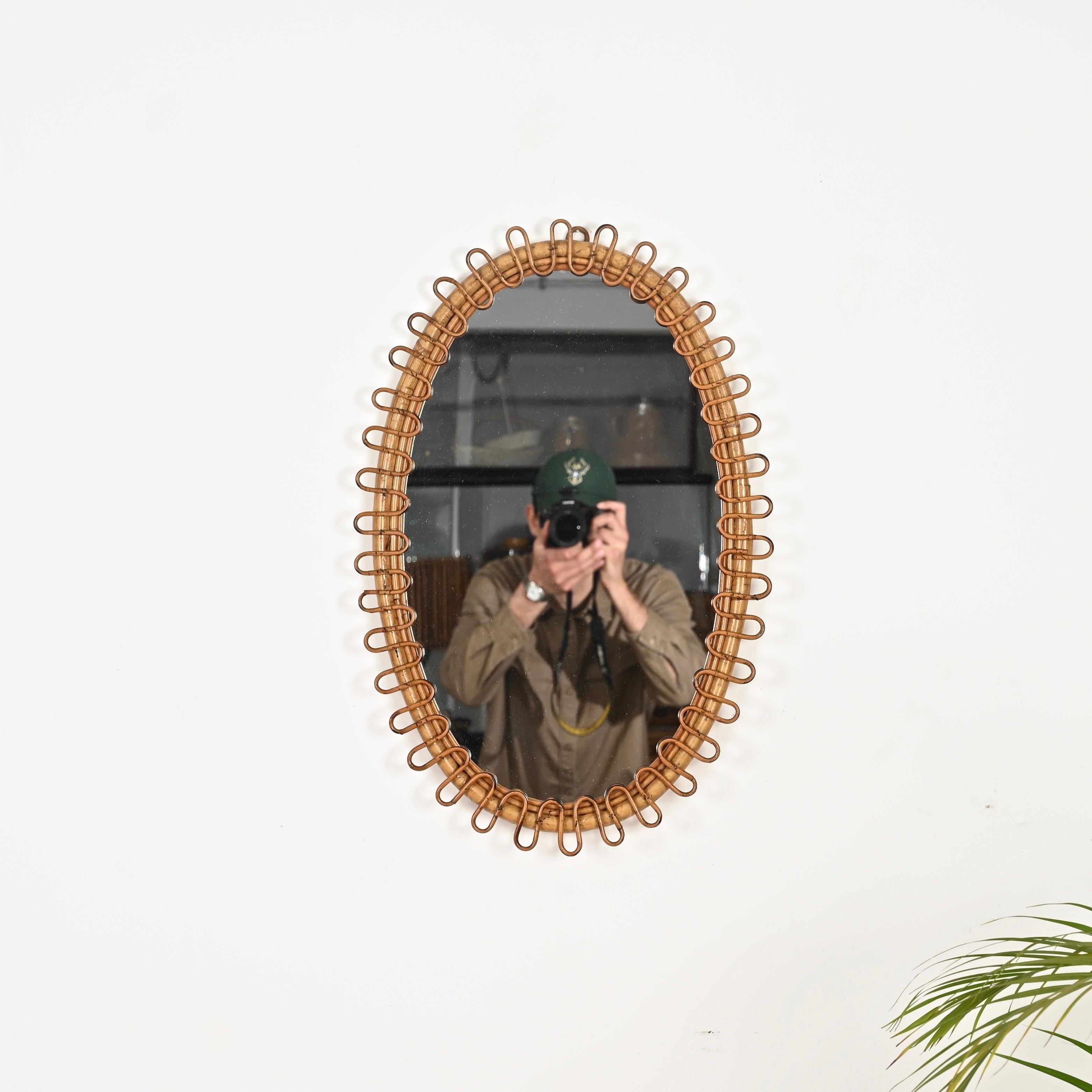 Franco Albini Oval Curved Rattan and Bamboo Mirror, Italy 1960s In Good Condition In Roma, IT