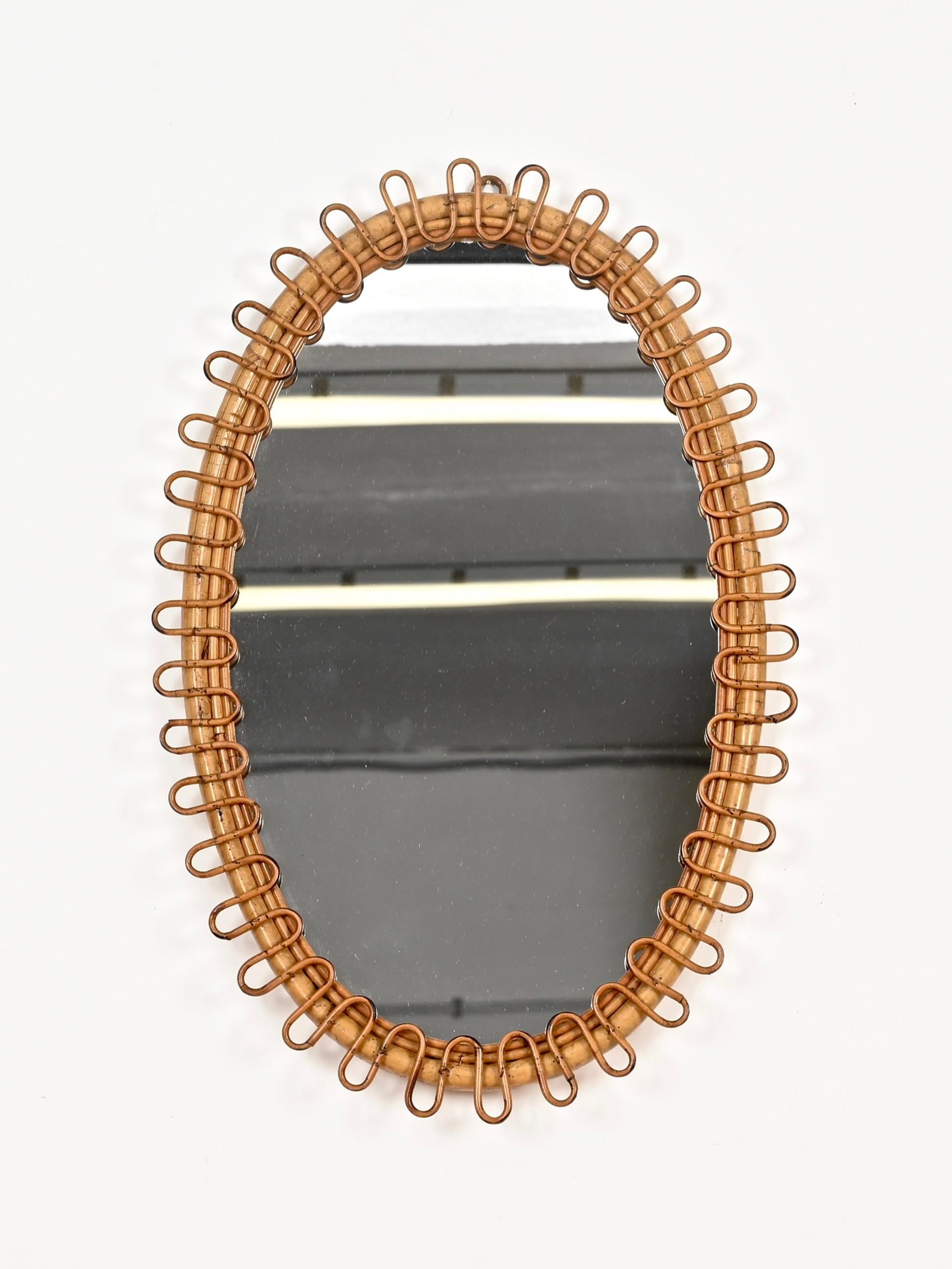 Franco Albini Oval Curved Rattan and Bamboo Mirror, Italy 1960s 1