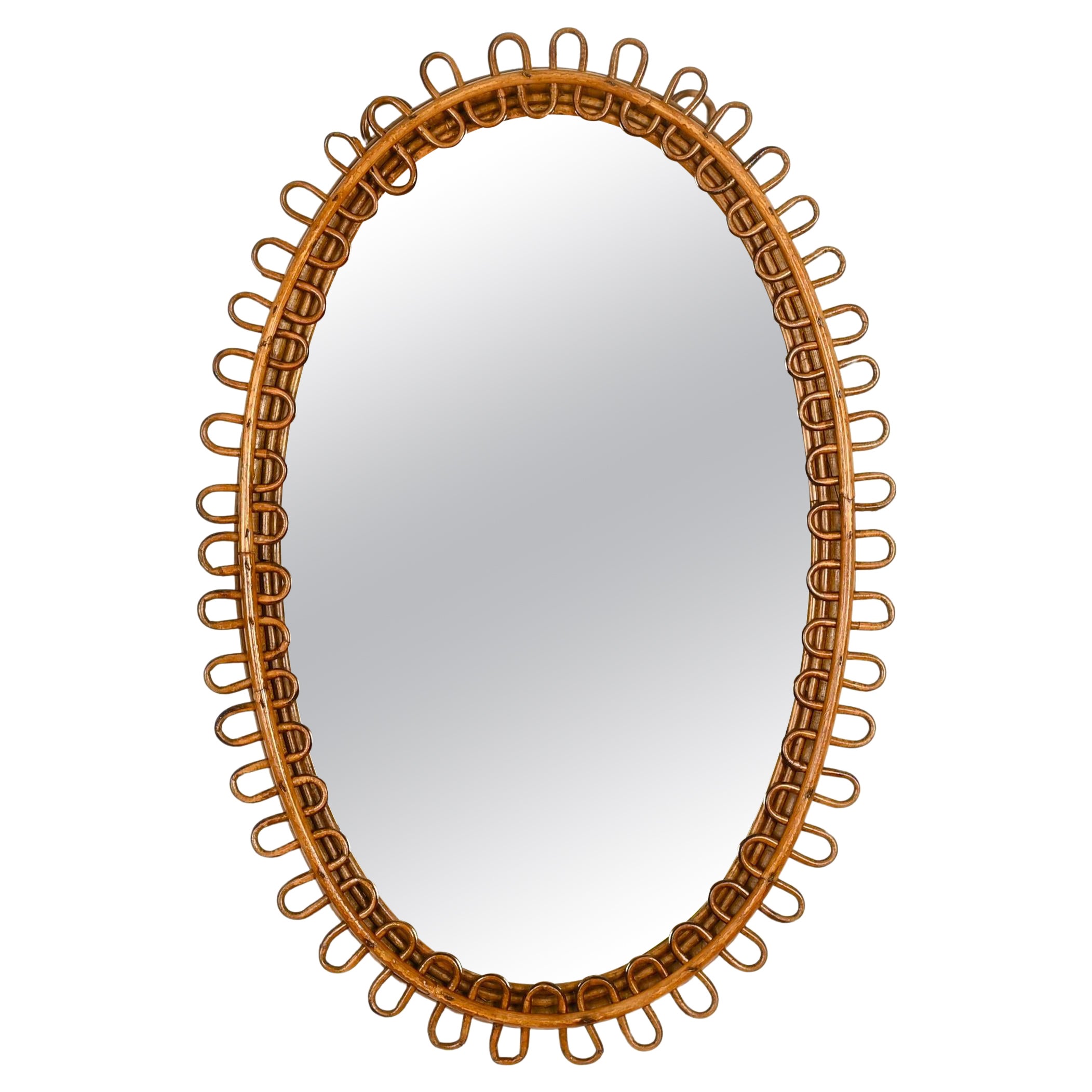 Franco Albini Oval Curved Rattan and Bamboo Mirror, Italy 1960s