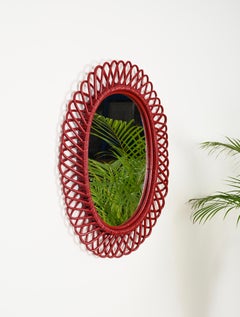 Franco Albini Oval Mirror in Rattan, Wicker, Bamboo, French Riviera, Italy 1960s