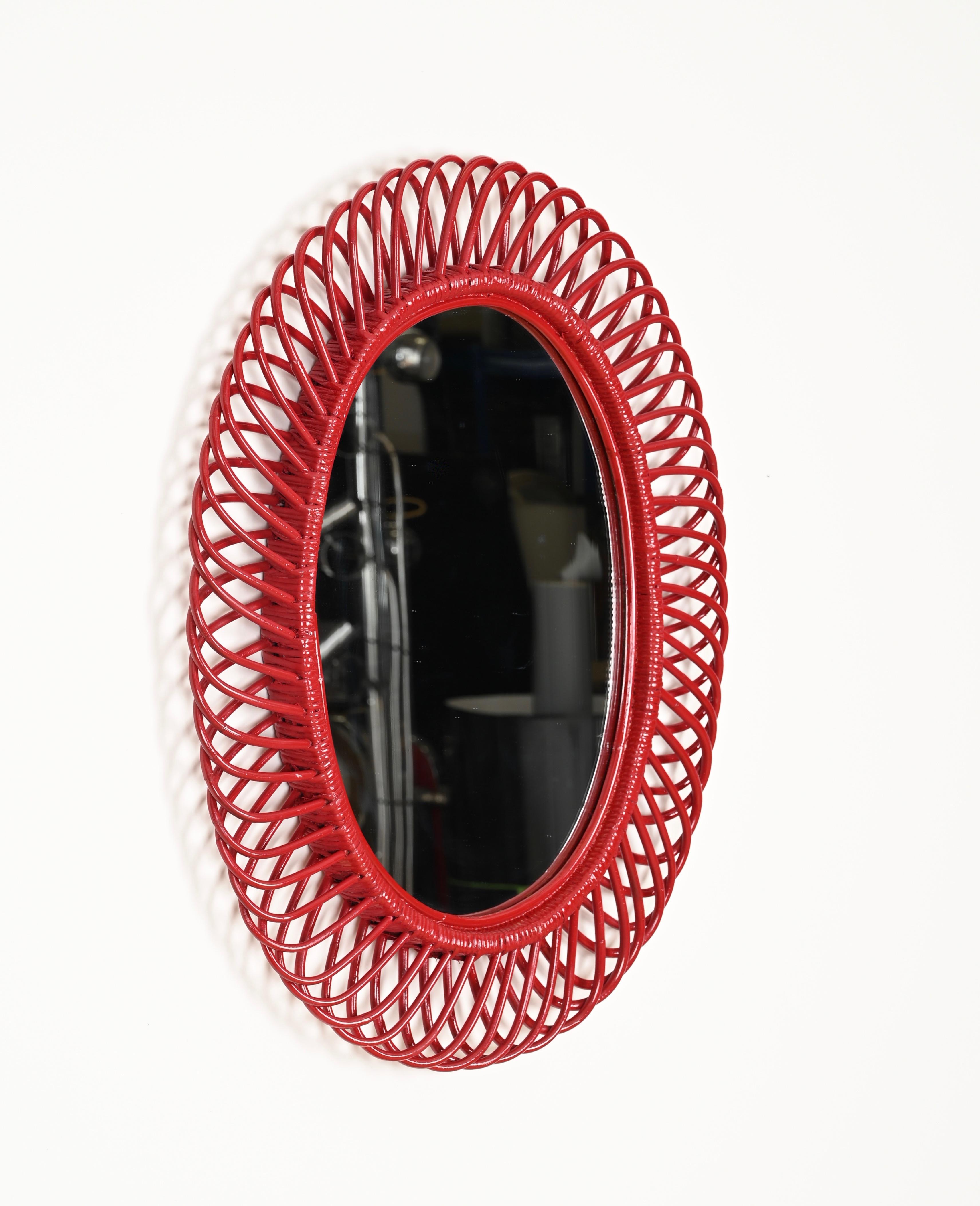 Mid-Century Modern Franco Albini Oval Mirror in Rattan, Wicker, Bamboo, French Riviera, Italy 1960s For Sale