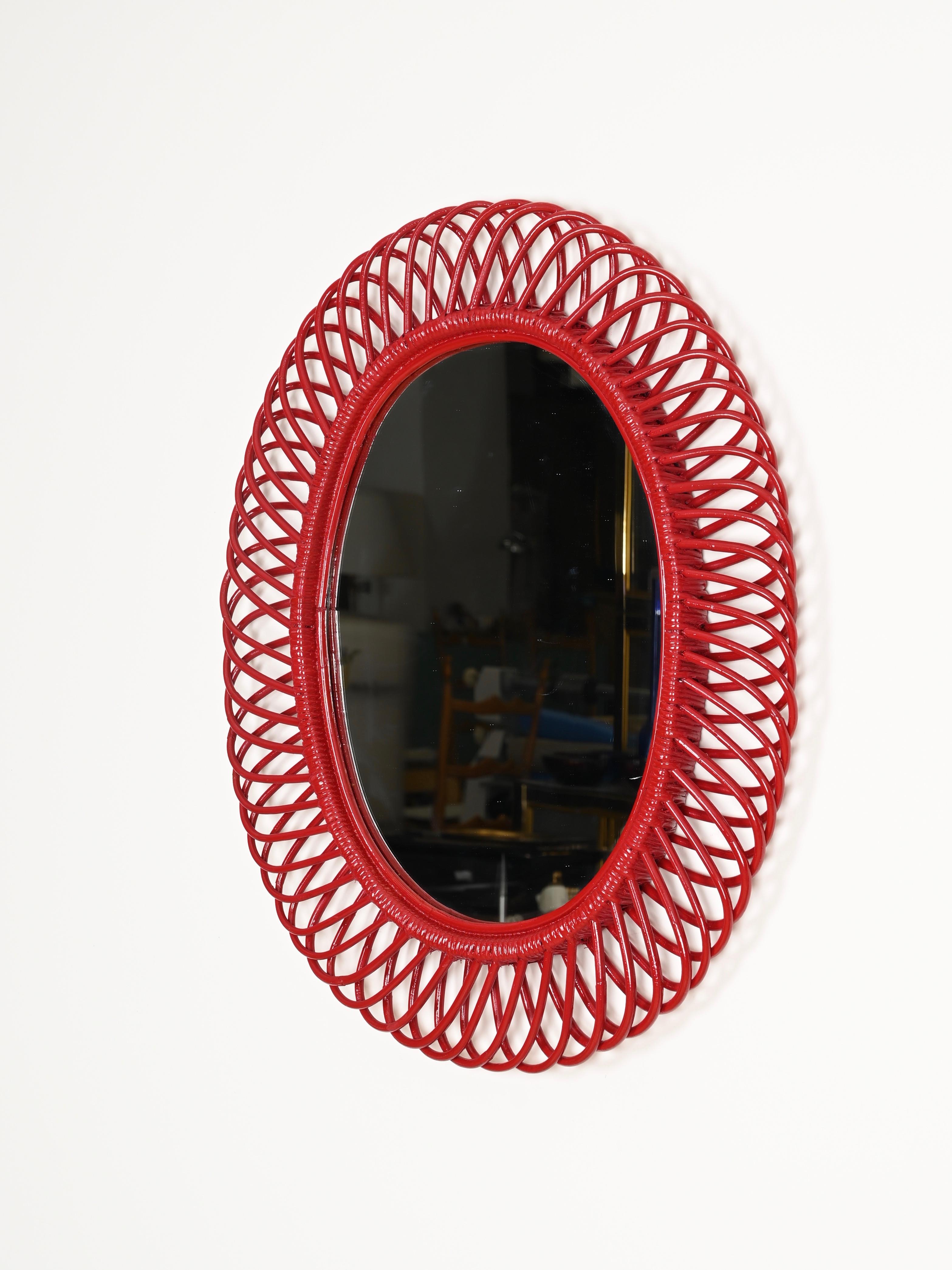 Hand-Crafted Franco Albini Oval Mirror in Rattan, Wicker, Bamboo, French Riviera, Italy 1960s For Sale