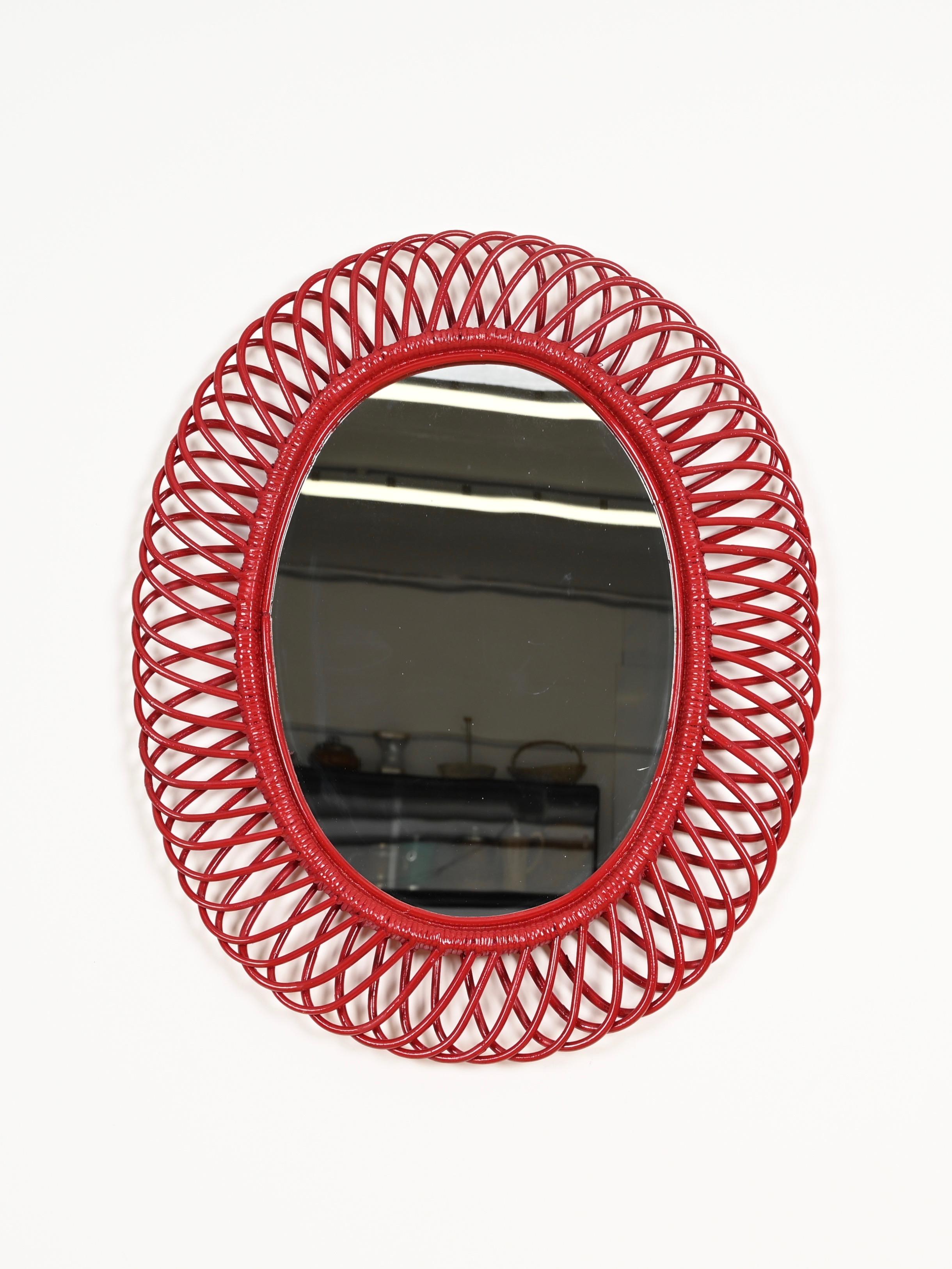 Mid-20th Century Franco Albini Oval Mirror in Rattan, Wicker, Bamboo, French Riviera, Italy 1960s For Sale