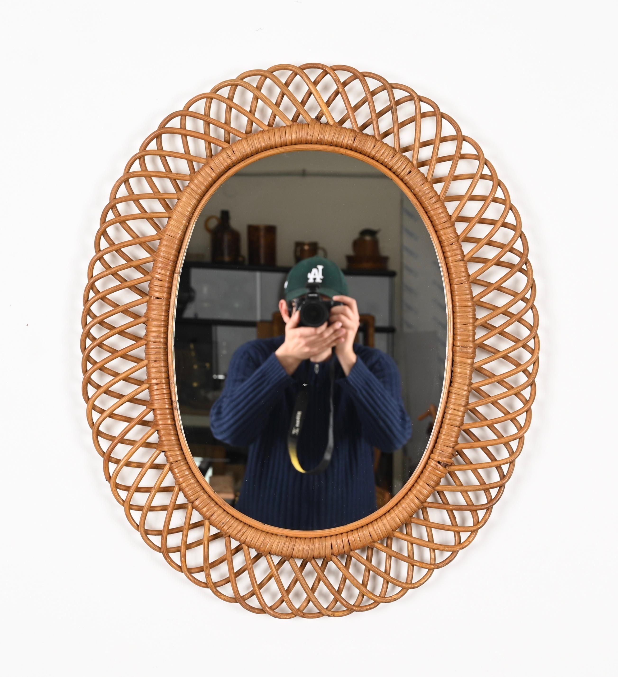 Franco Albini Oval Mirror in Rattan, Wicker, Bamboo, French Riviera, Italy 1960s 1