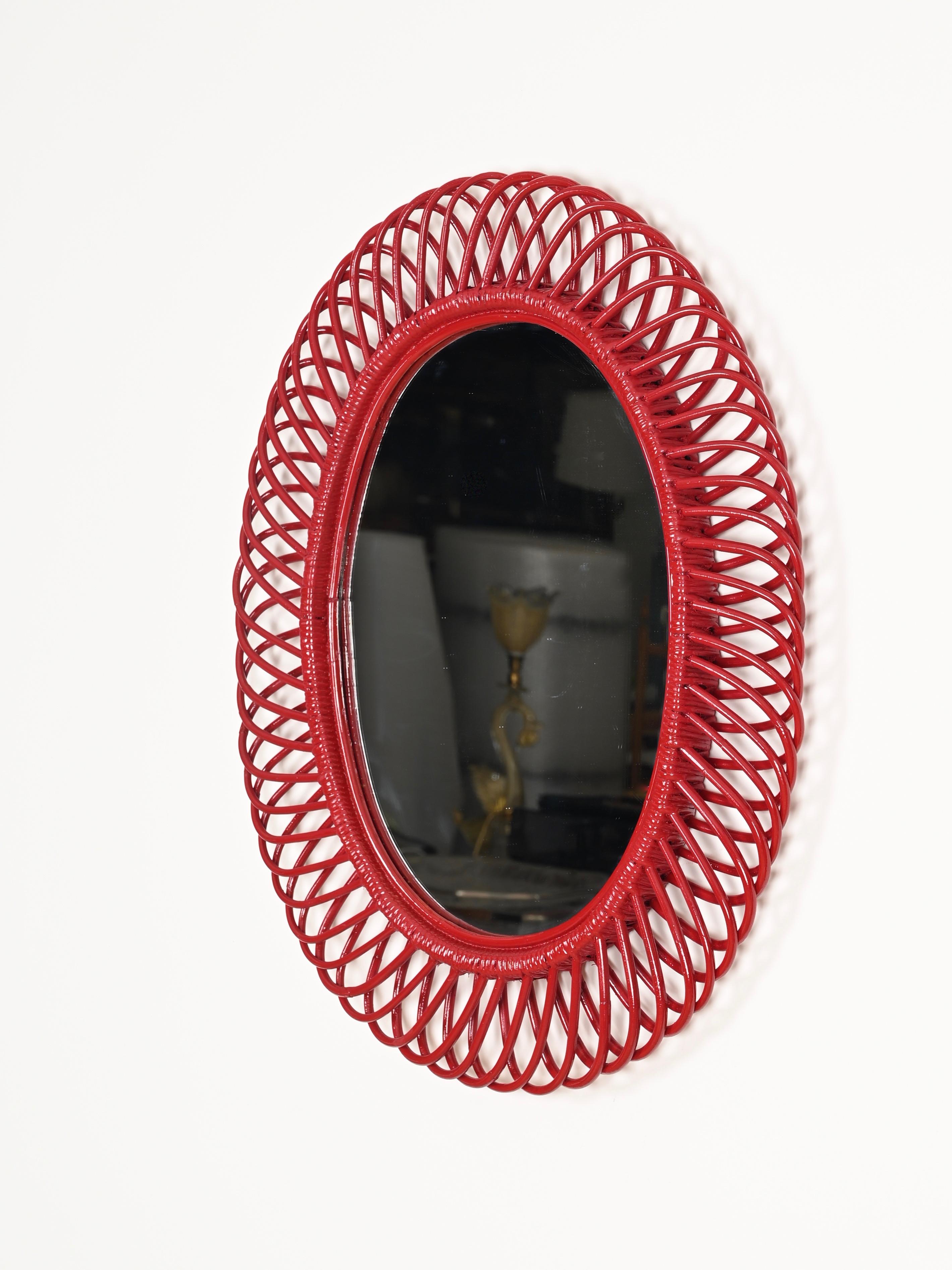 Franco Albini Oval Mirror in Rattan, Wicker, Bamboo, French Riviera, Italy 1960s For Sale 1