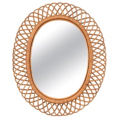 Franco Albini Oval Mirror in Rattan, Wicker, Bamboo, French Riviera, Italy 1960s