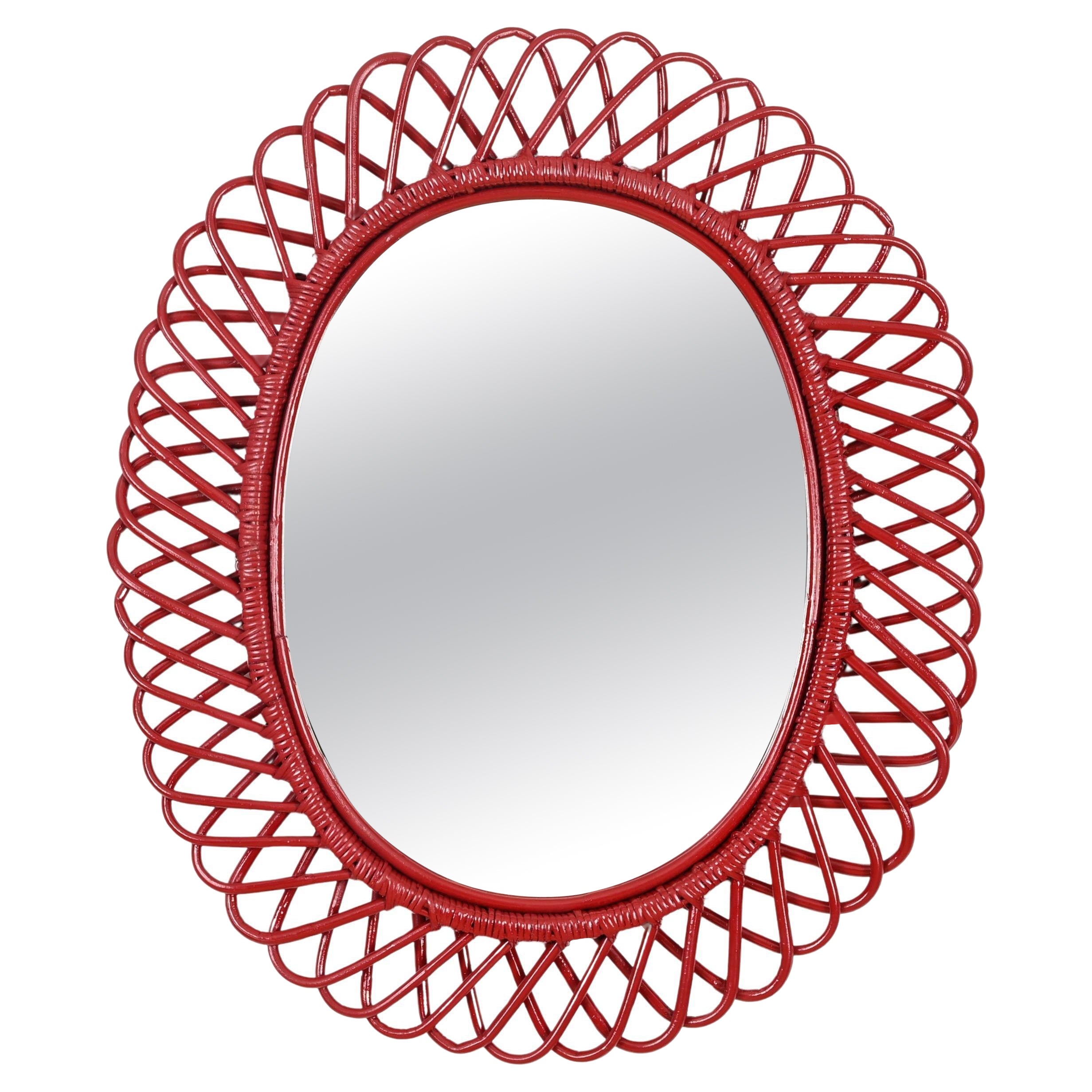 Franco Albini Oval Mirror in Rattan, Wicker, Bamboo, French Riviera, Italy 1960s