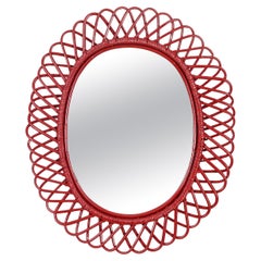 Franco Albini Oval Mirror in Rattan, Wicker, Bamboo, French Riviera, Italy 1960s