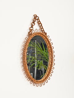 Franco Albini Oval Mirror with Chain in Curved Rattan and Bamboo, Italy, 1960s