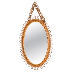 Franco Albini Oval Mirror with Chain in Curved Rattan and Bamboo, Italy, 1960s