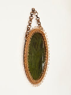 Franco Albini Oval Mirror with Chain in Rattan and Bamboo, Italy, 1960s