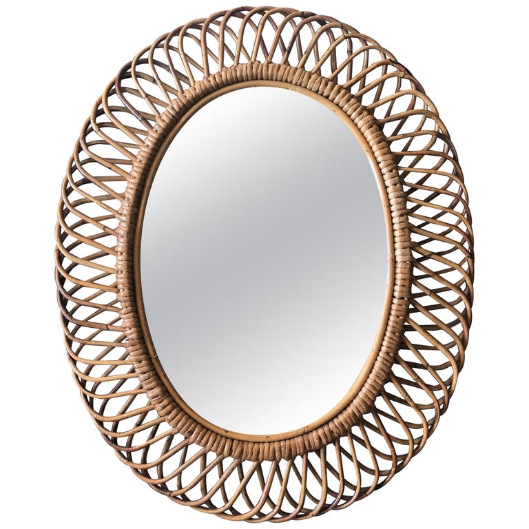 Franco Albini Oval Rattan and Bamboo Mirror For Sale