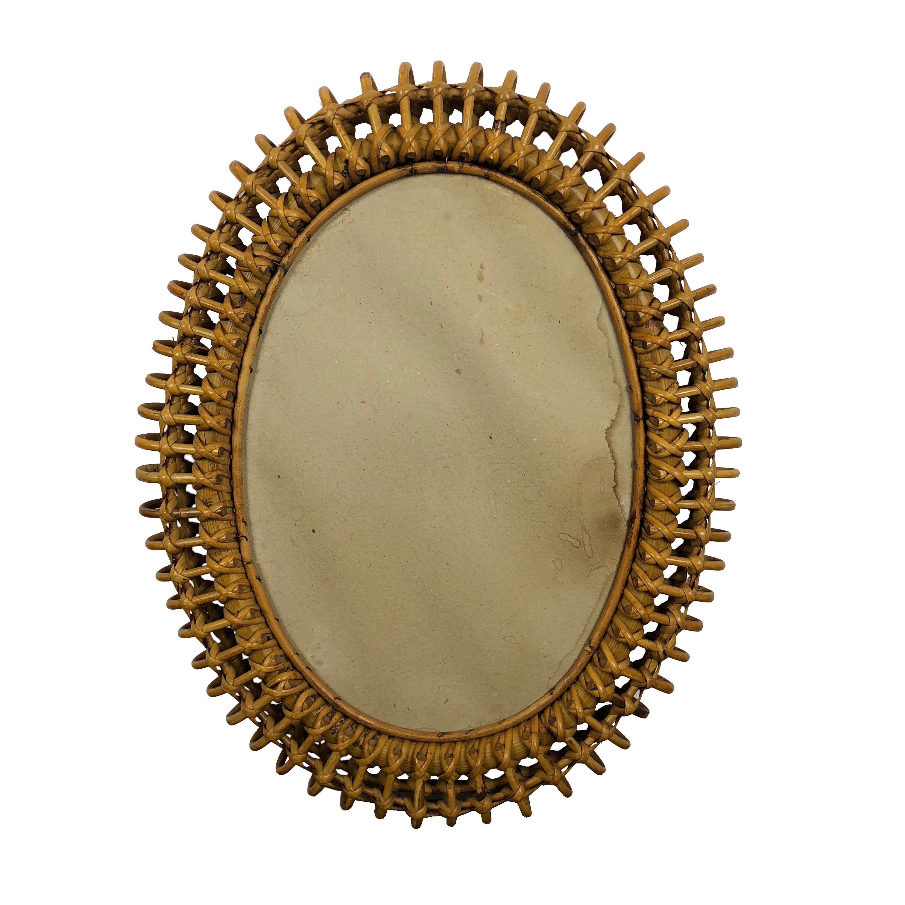 Italian Oval Wall Mirror in Bamboo and Rattan, 1960s Midcentury, Italy