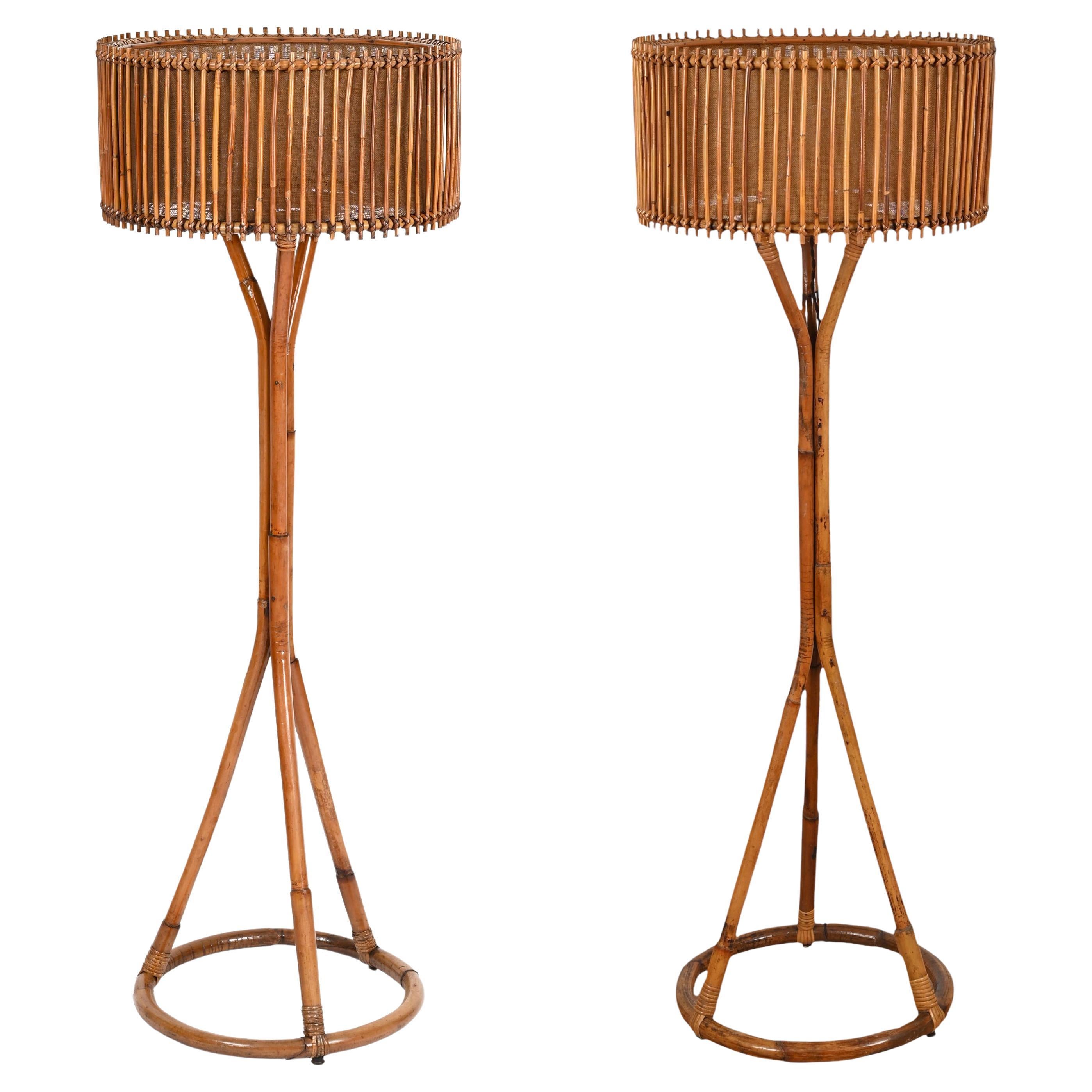 Franco Albini, Paar Stehlampen aus Bambus, Rattan und Korbweide, Italien 1960er Jahre
