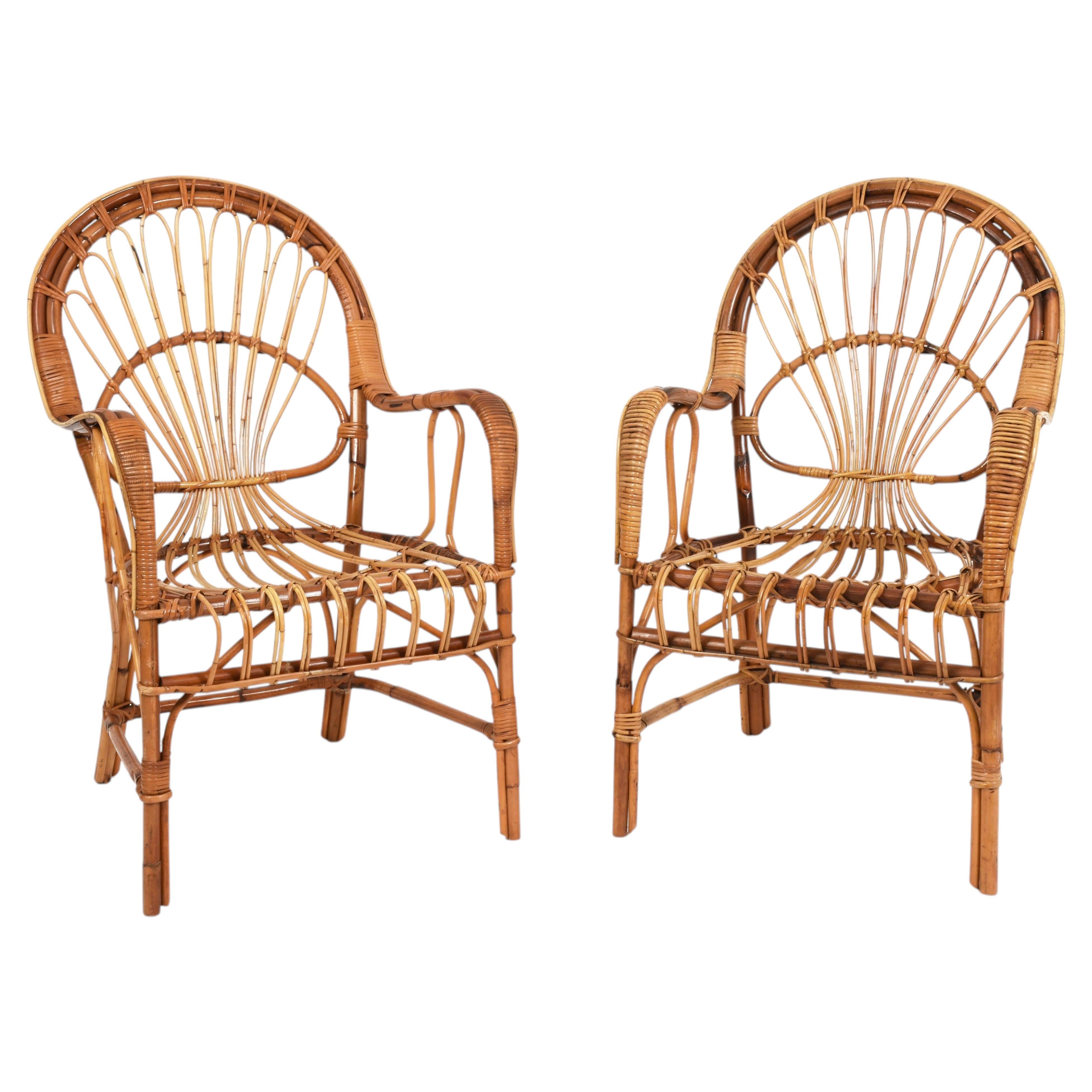 Franco Albini Pair of Rattan and Bamboo Armchairs, Italy, 1960s