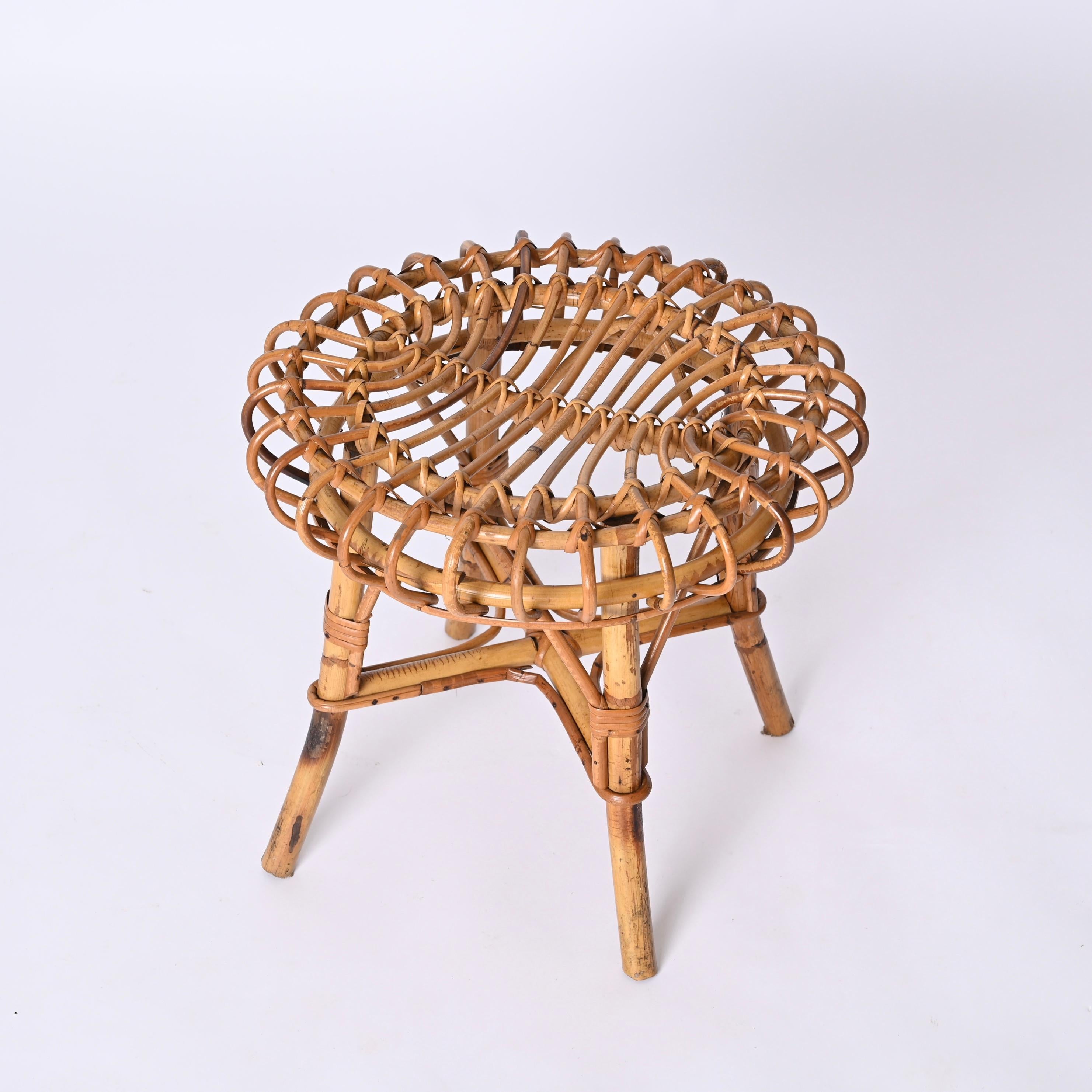 Franco Albini Pair of Rattan and Bamboo Round Ottoman Stool, Italy, 1960s 5