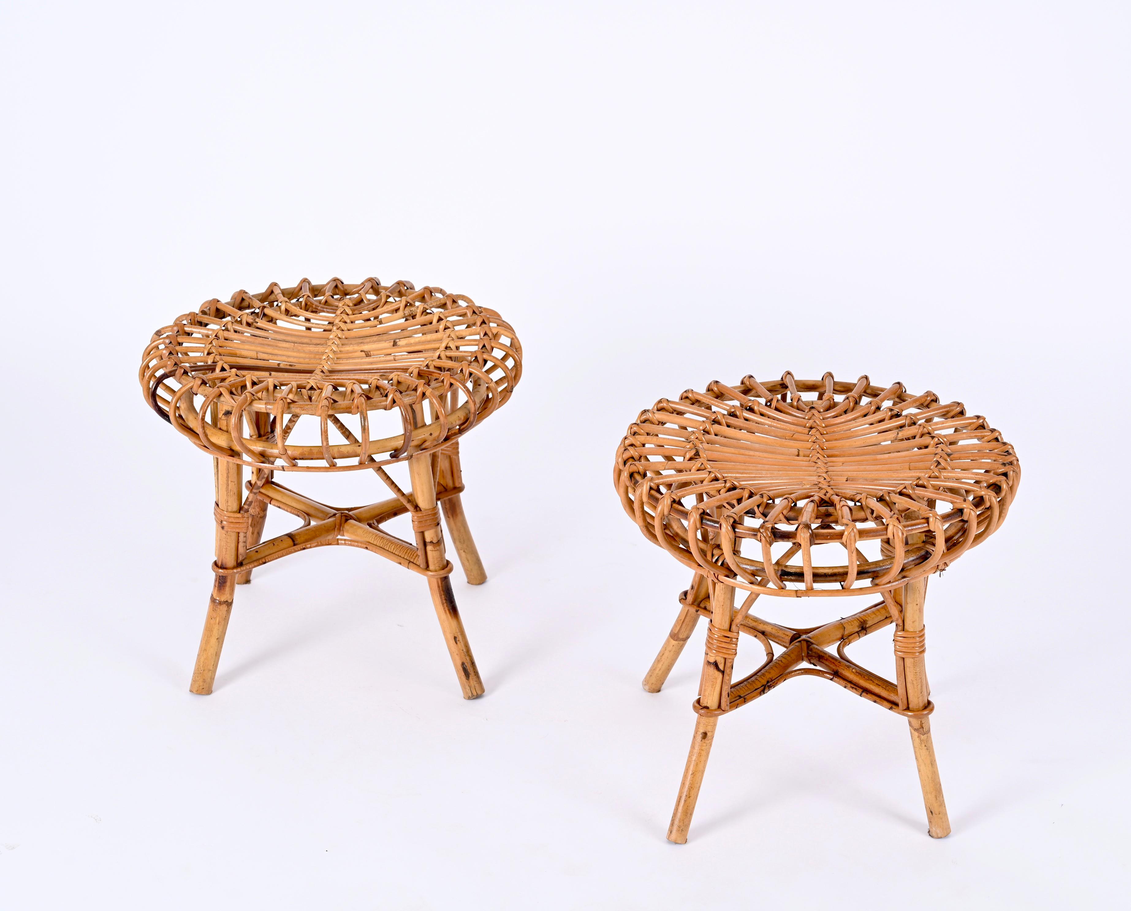 Franco Albini Pair of Rattan and Bamboo Round Ottoman Stool, Italy, 1960s 6