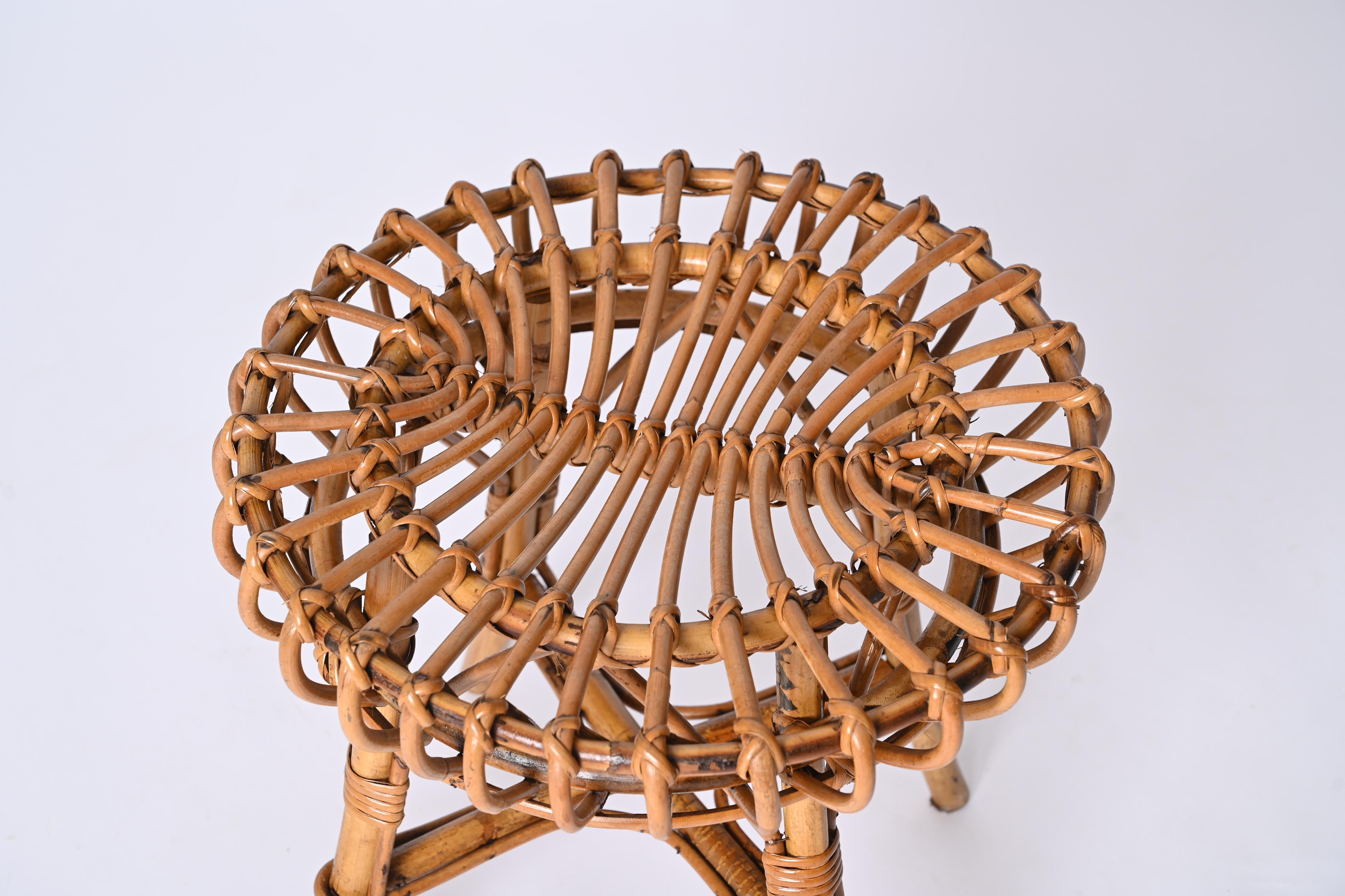 Mid-Century Modern Franco Albini Pair of Rattan and Bamboo Round Ottoman Stool, Italy, 1960s