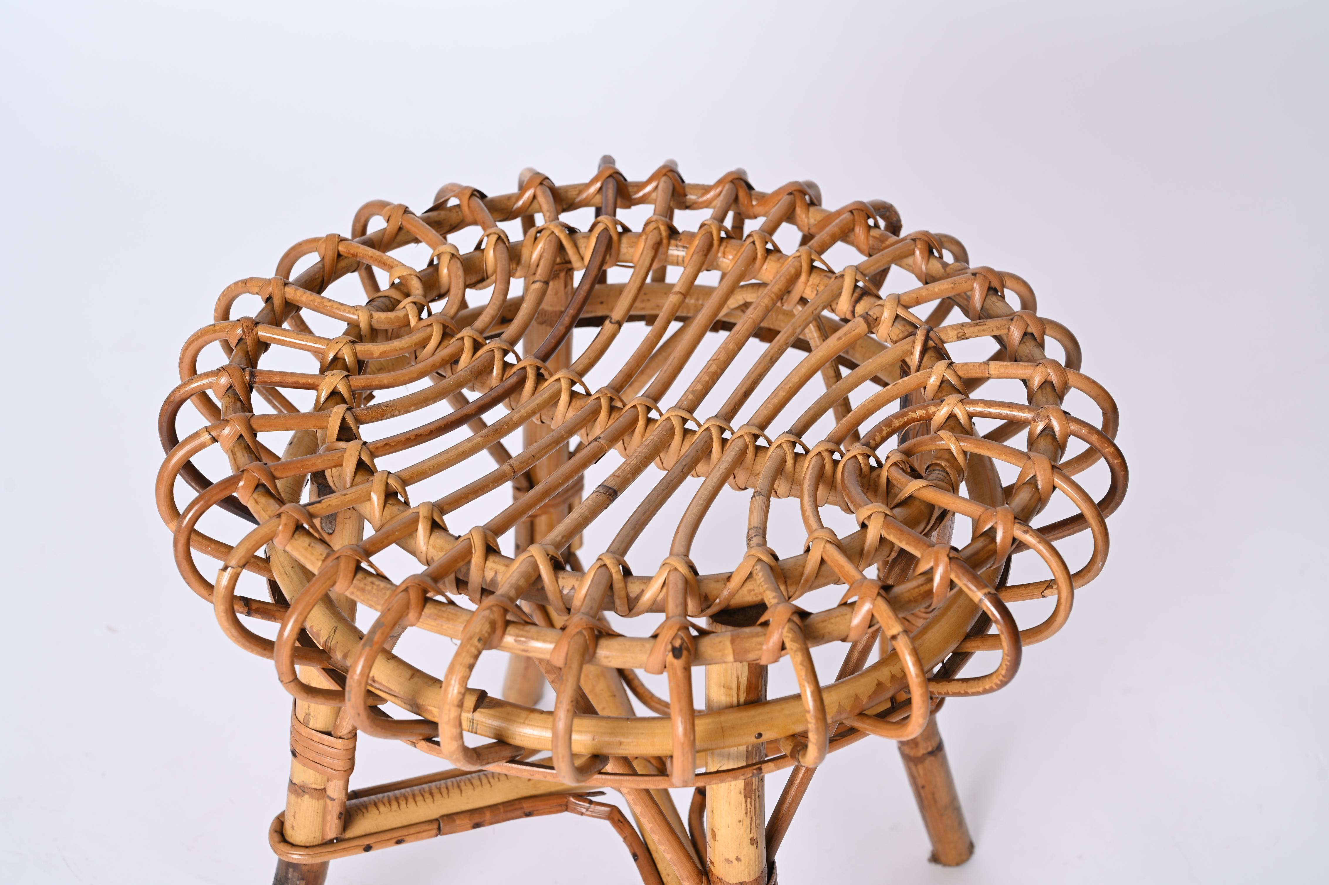 Italian Franco Albini Pair of Rattan and Bamboo Round Ottoman Stool, Italy, 1960s