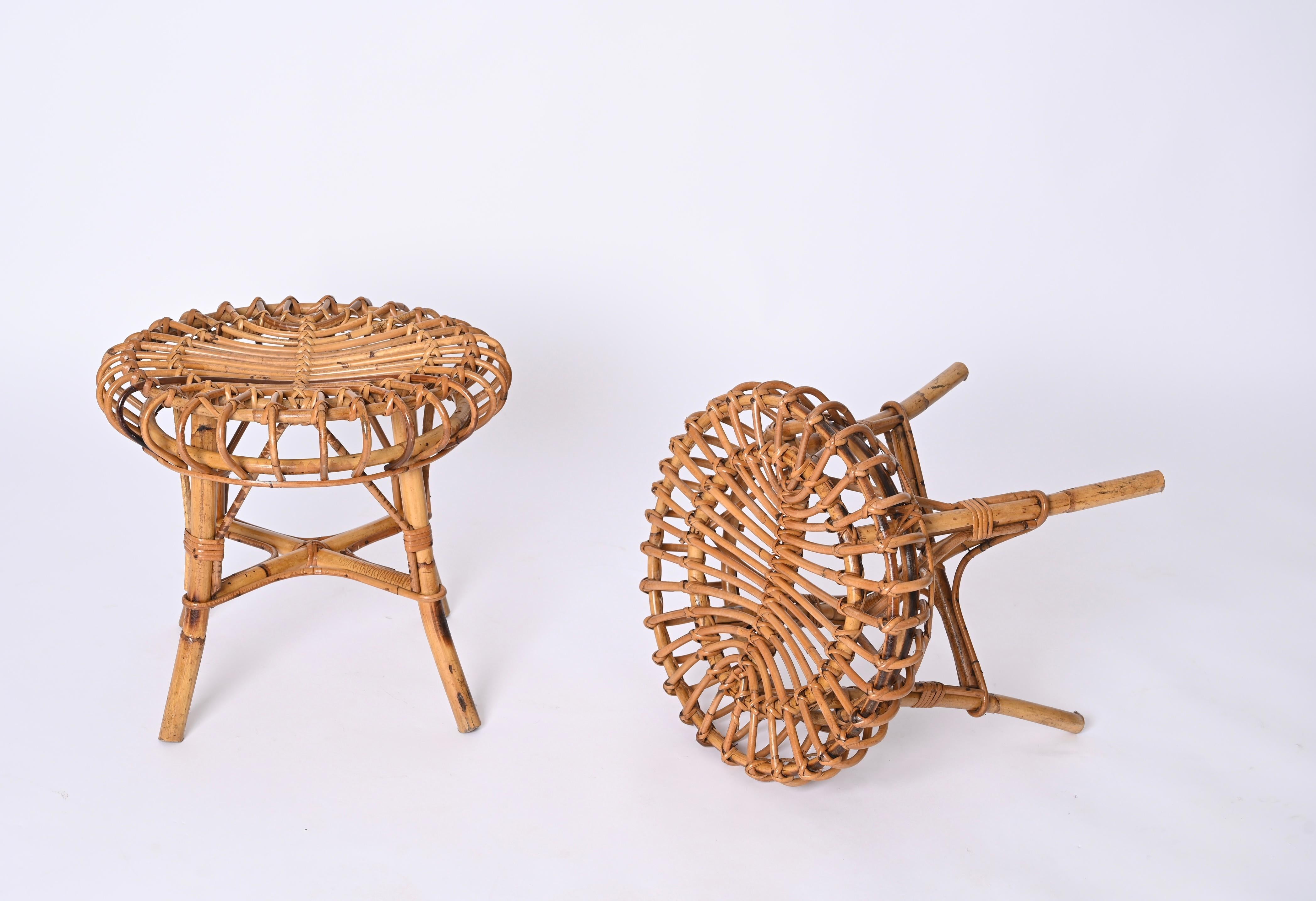 Hand-Crafted Franco Albini Pair of Rattan and Bamboo Round Ottoman Stool, Italy, 1960s