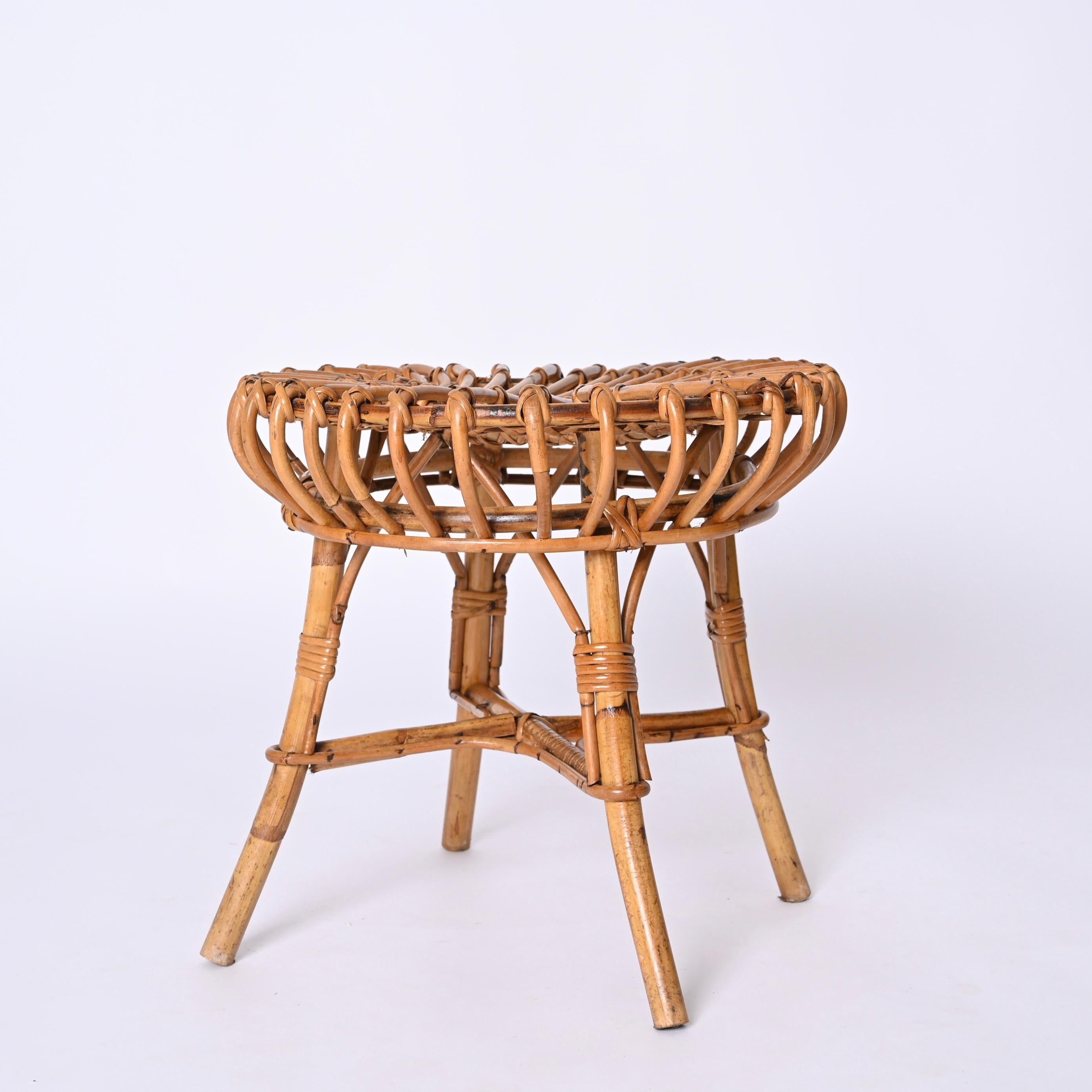 20th Century Franco Albini Pair of Rattan and Bamboo Round Ottoman Stool, Italy, 1960s