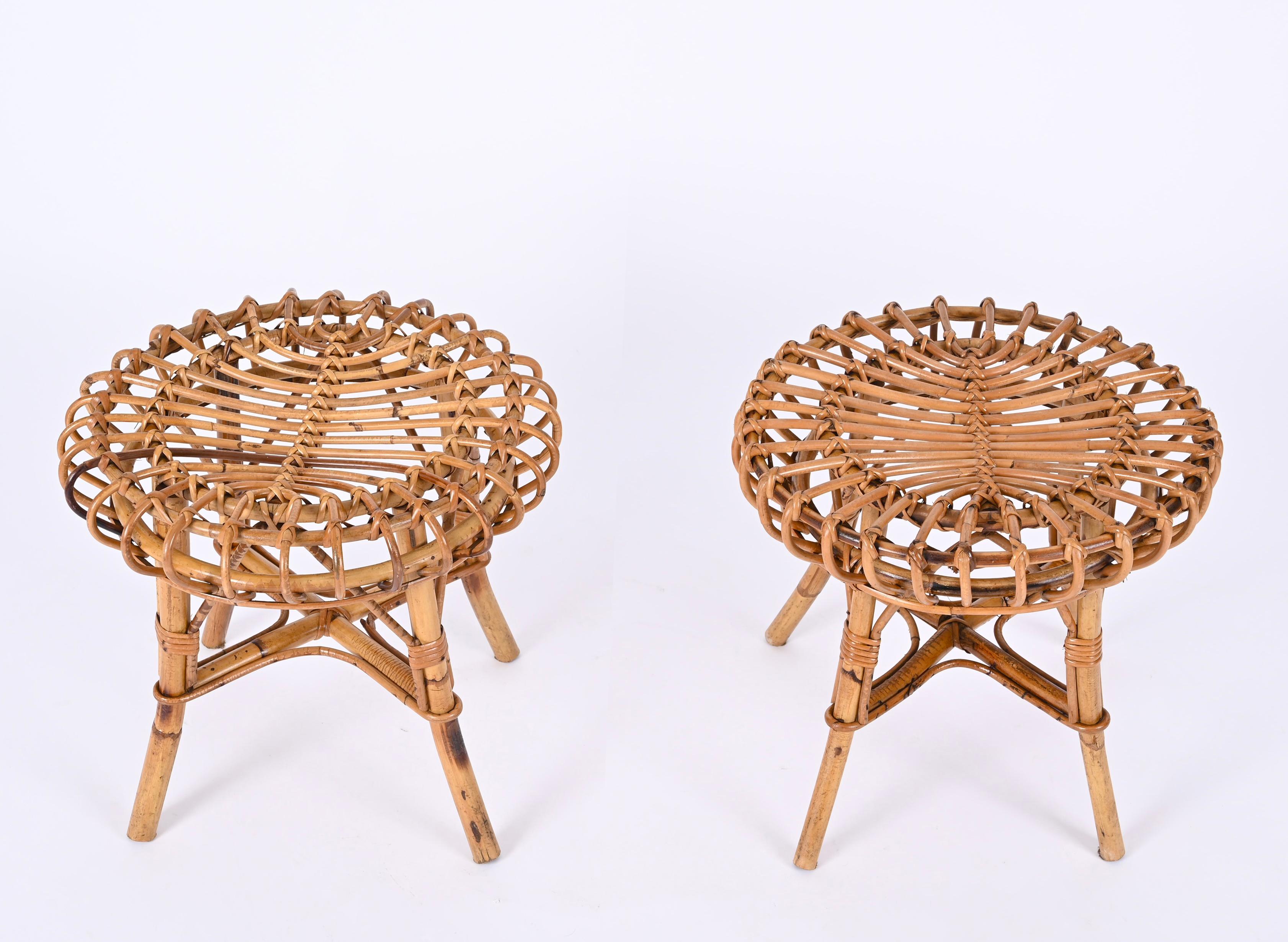 Franco Albini Pair of Rattan and Bamboo Round Ottoman Stool, Italy, 1960s 1