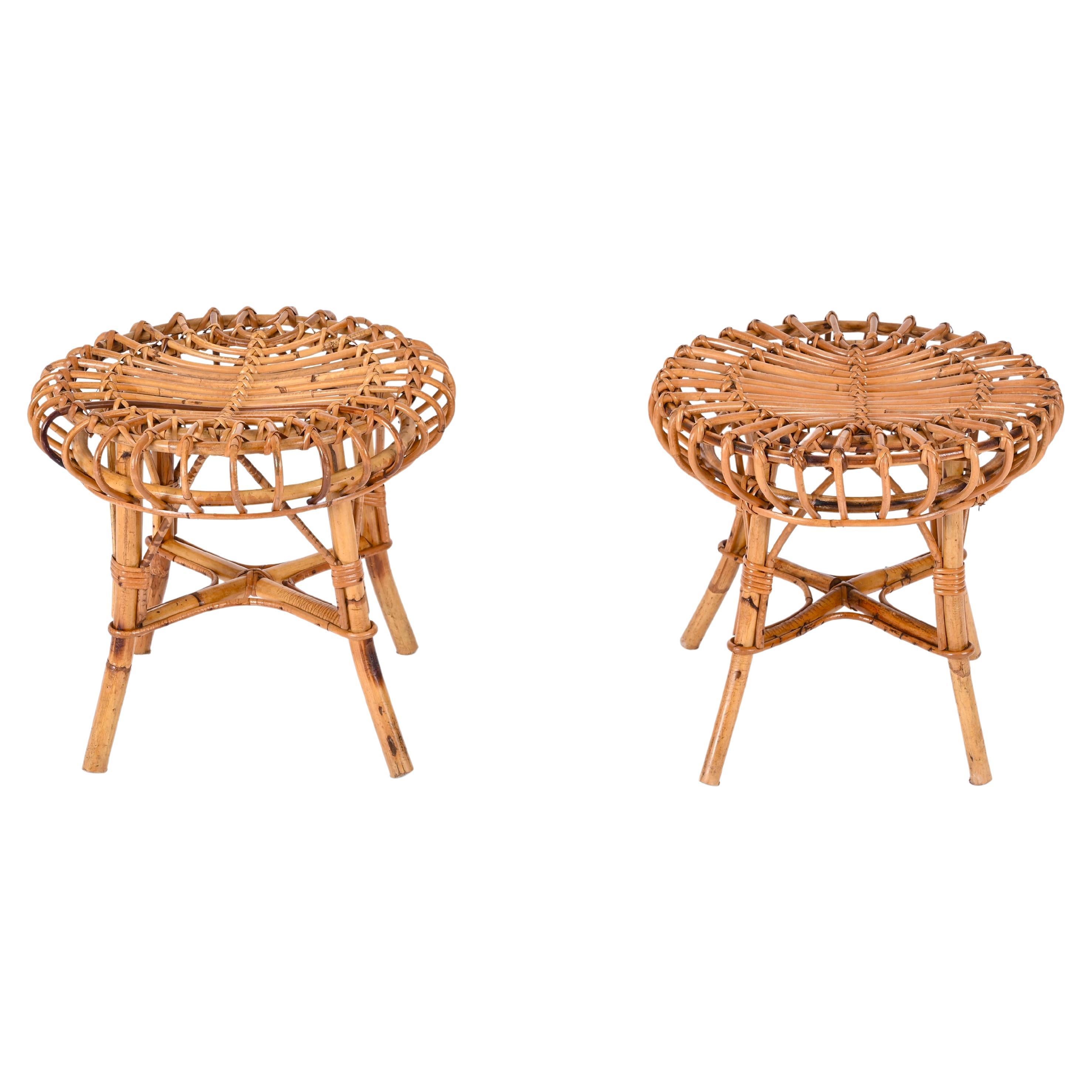 Franco Albini Pair of Rattan and Bamboo Round Ottoman Stool, Italy, 1960s