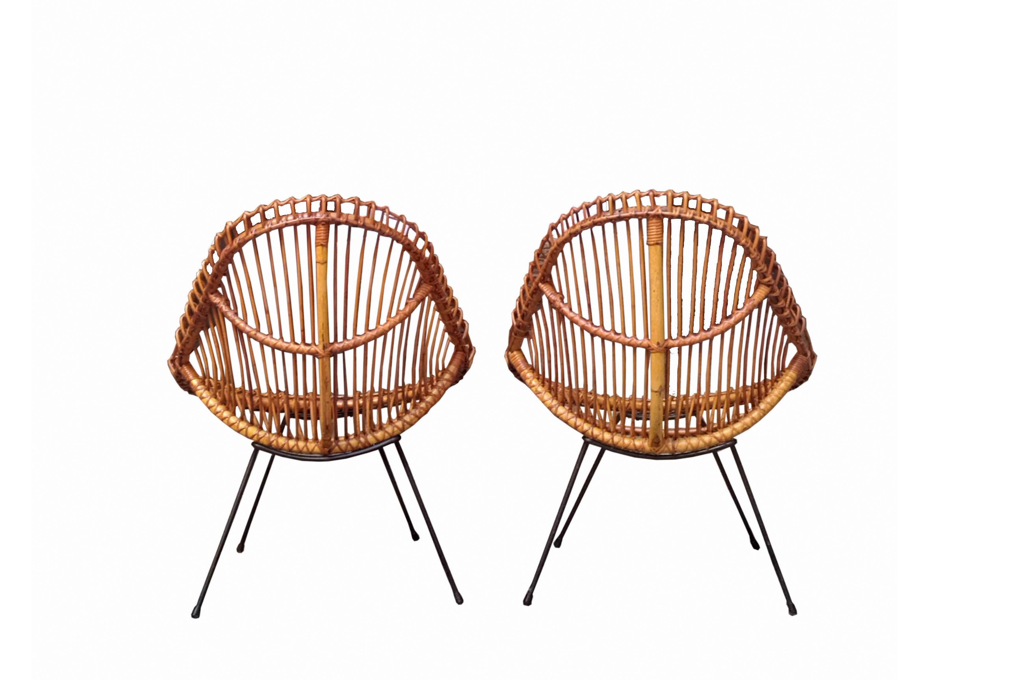 Mid-Century Modern Franco Albini Pair of  Rattan Armchairs, Italy 1960s For Sale