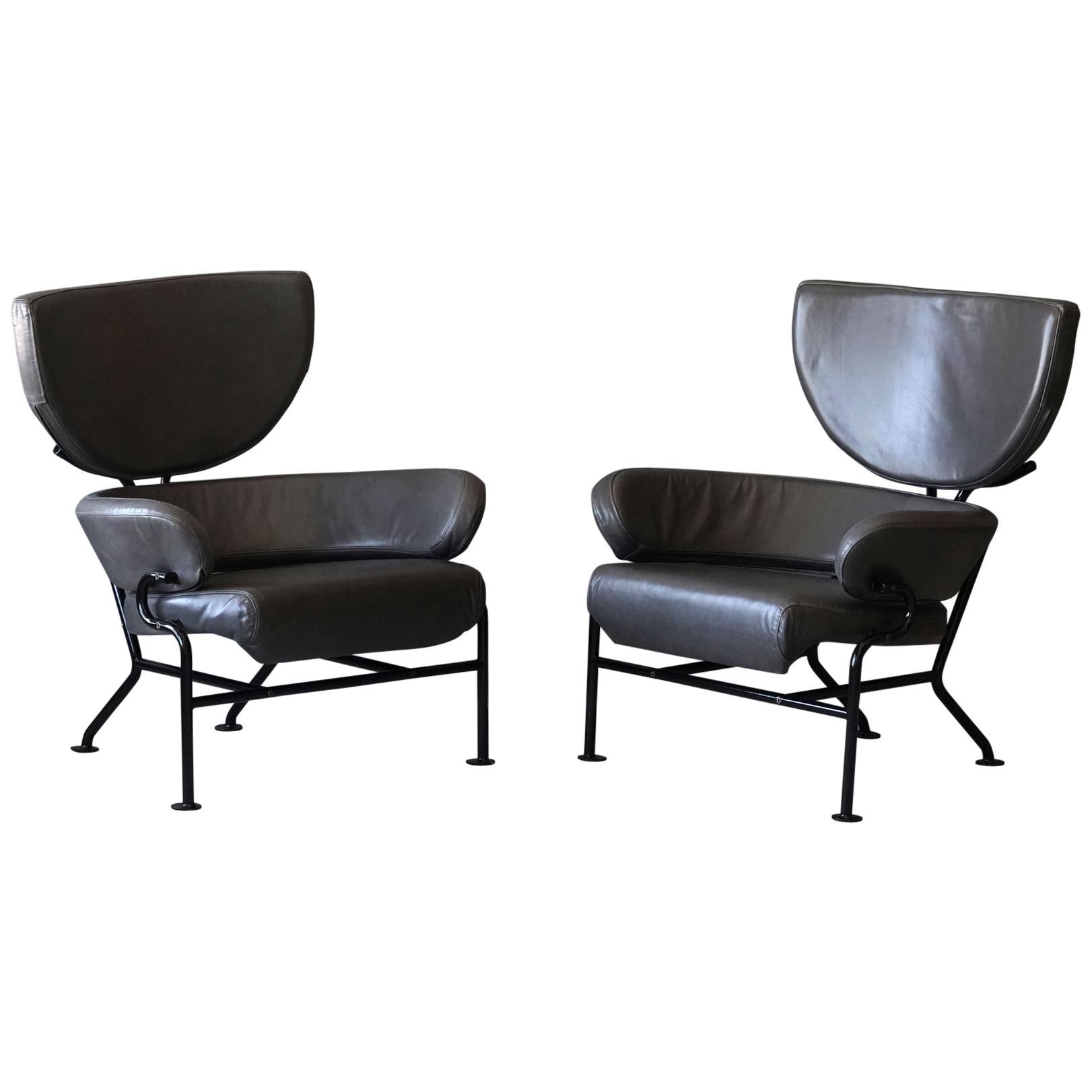 Franco Albini, Pair of "Tre Pezzi" Lounge Chairs, Grey Leather, 1959 Italian