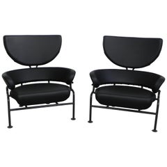 Franco Albini Poggi Pair "Tre Pezzi" Lounge Chairs, Black Leather, 1959, Italian