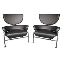 Franco Albini Poggi Pair "Tre Pezzi" Lounge Chairs, Black Leather, 1959, Italian