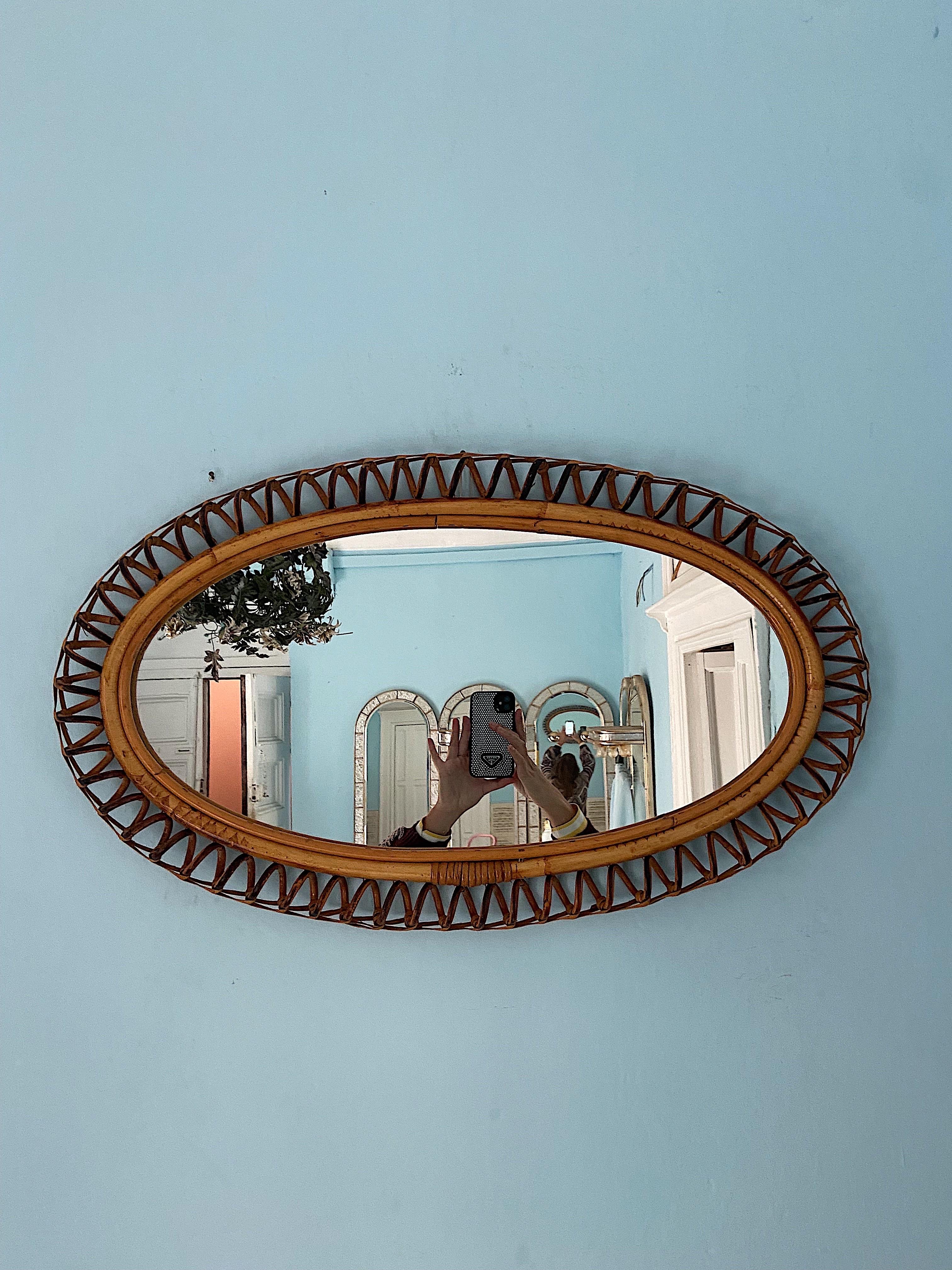 Italian Franco Albini Rattan and Bamboo Wall Mirror, Italy 1960s For Sale