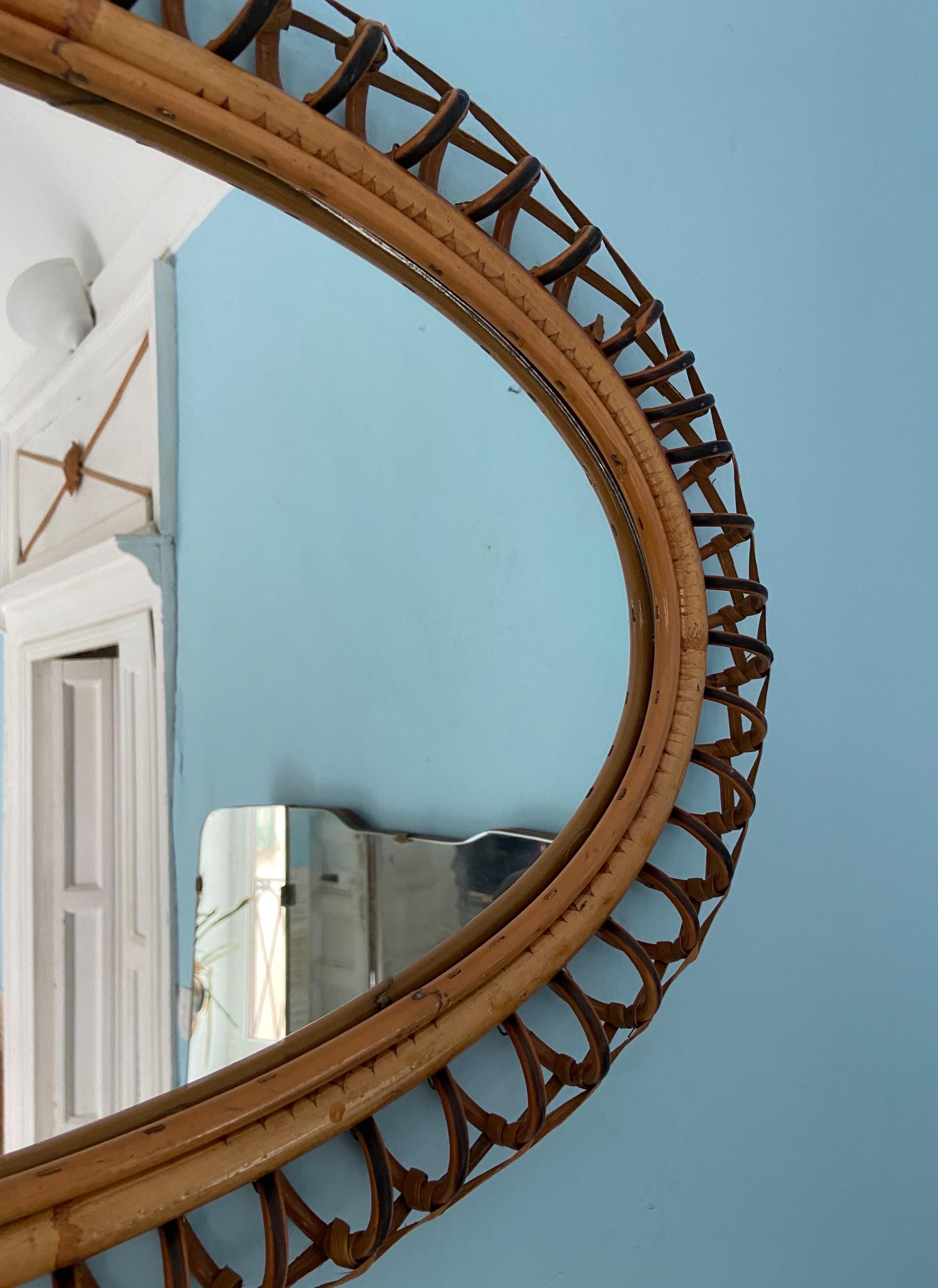 Franco Albini Rattan and Bamboo Wall Mirror, Italy 1960s In Good Condition For Sale In Palermo, PA