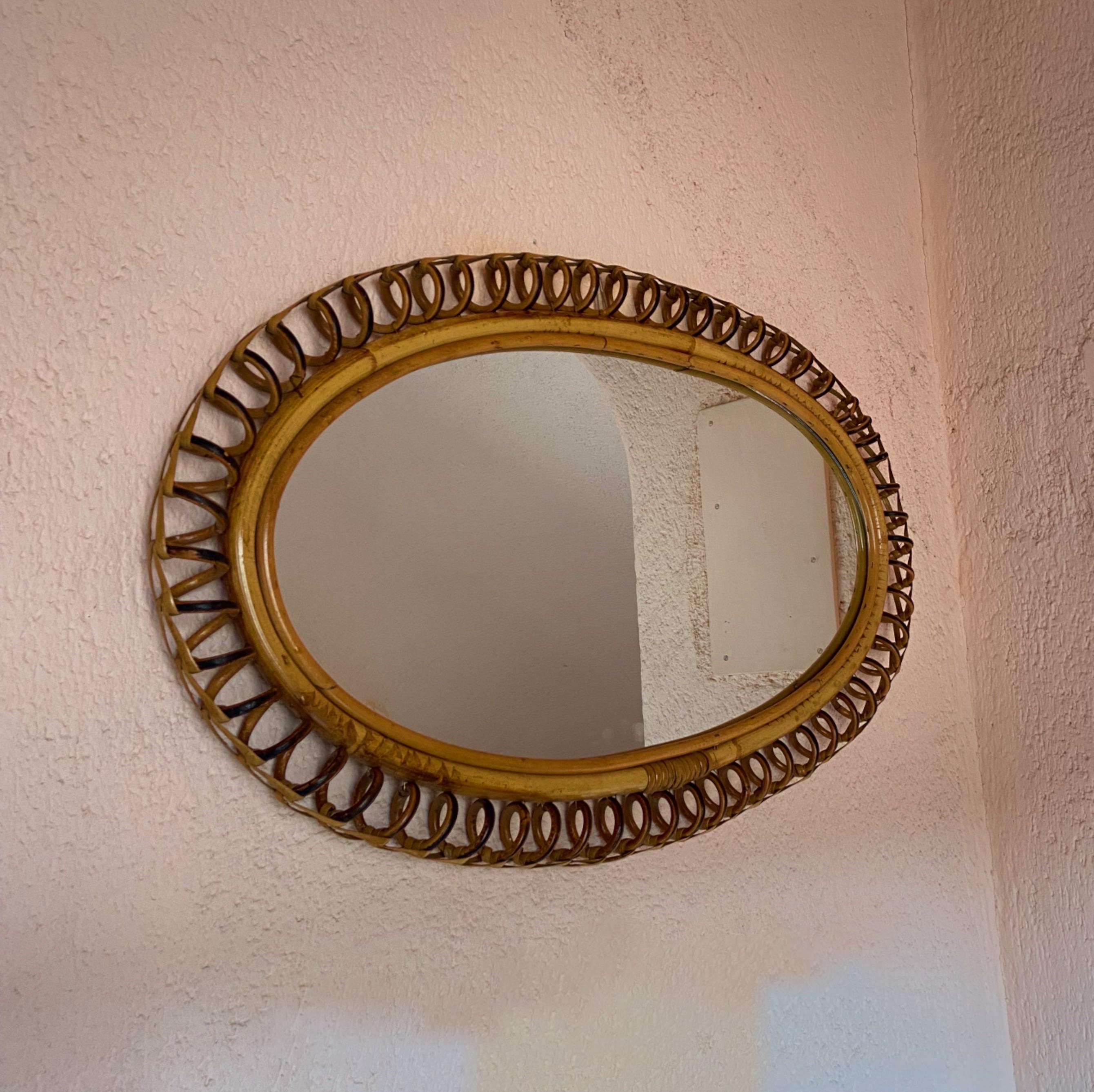 Velvet Franco Albini Rattan and Bamboo Wall Mirror, Italy 1960s For Sale