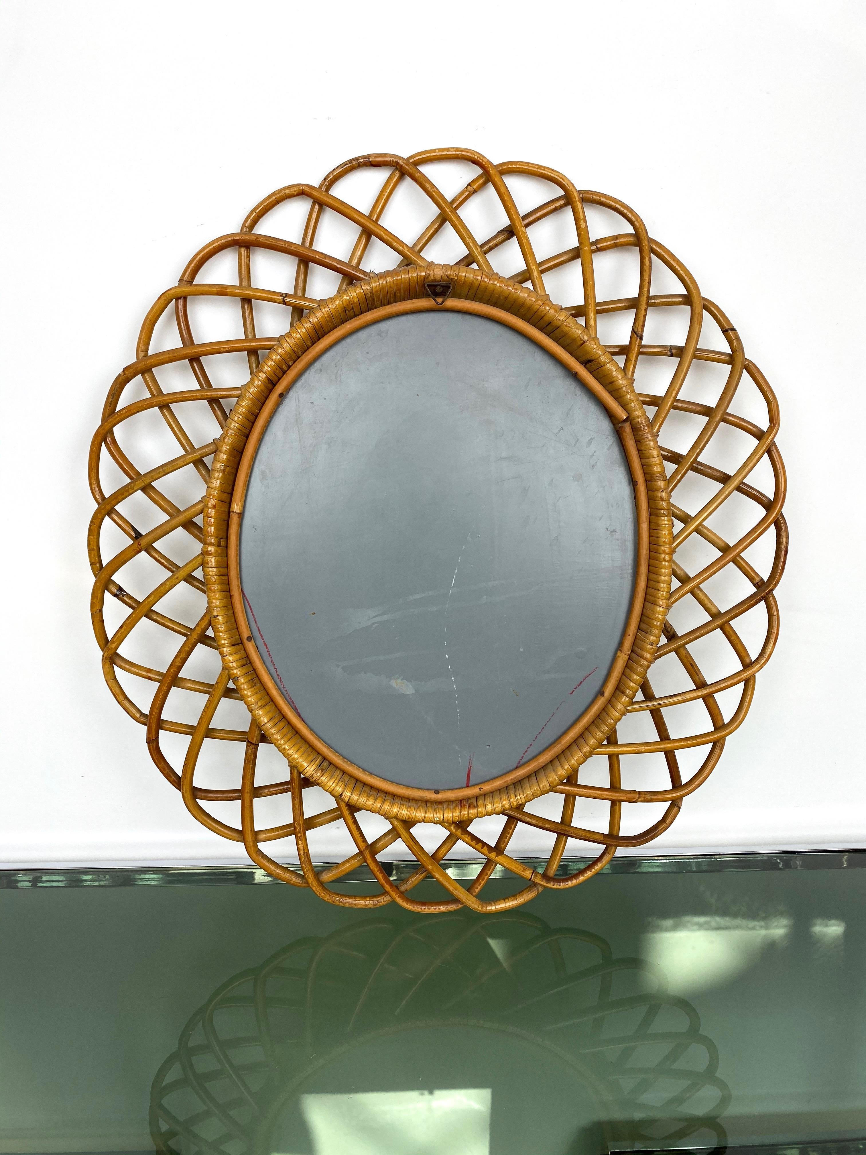 Mid-20th Century Rattan and Bamboo Wall Mirror, Italy, 1960s Italian Riviera
