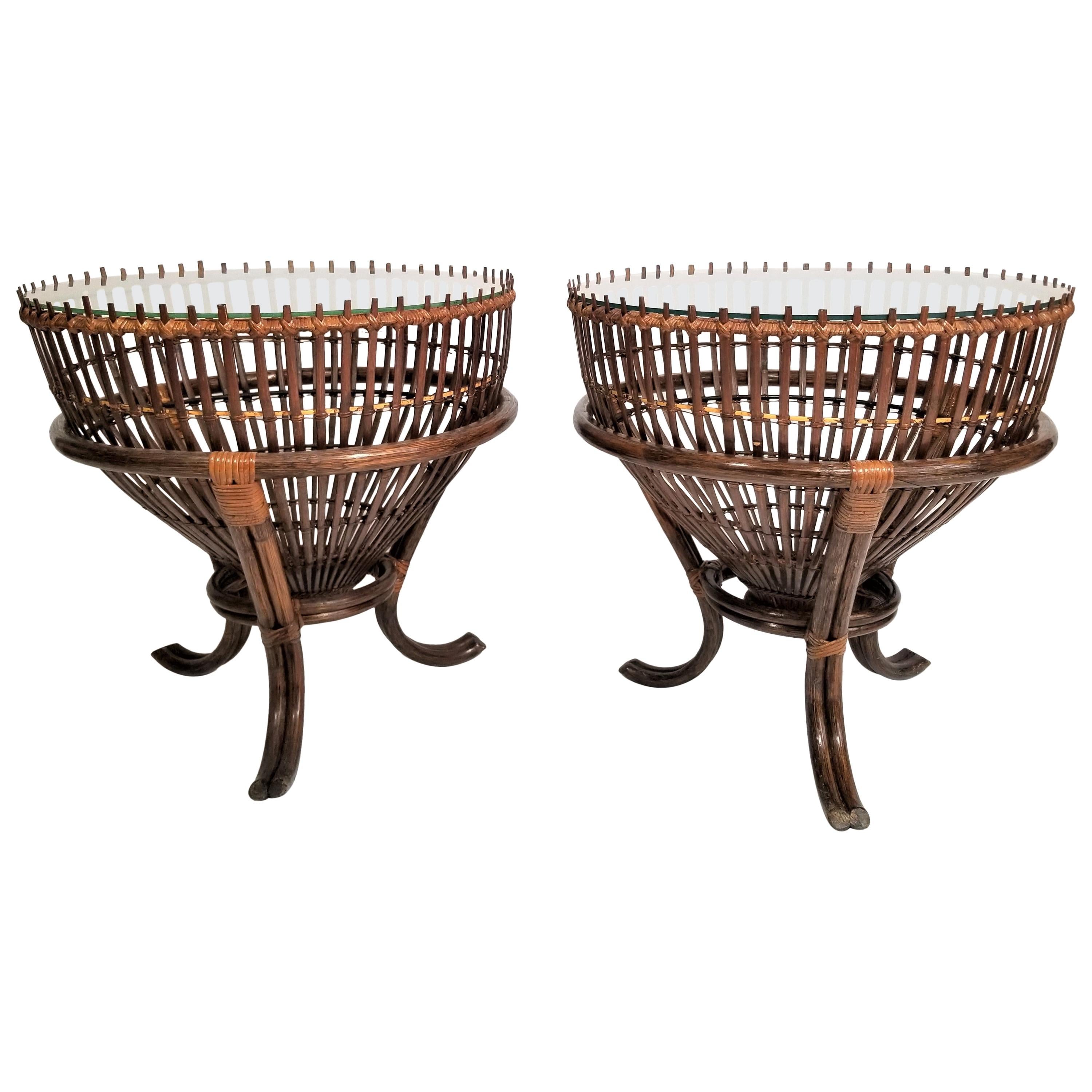 Rattan Asian Fishing Basket Glass Top Midcentury Side Tables